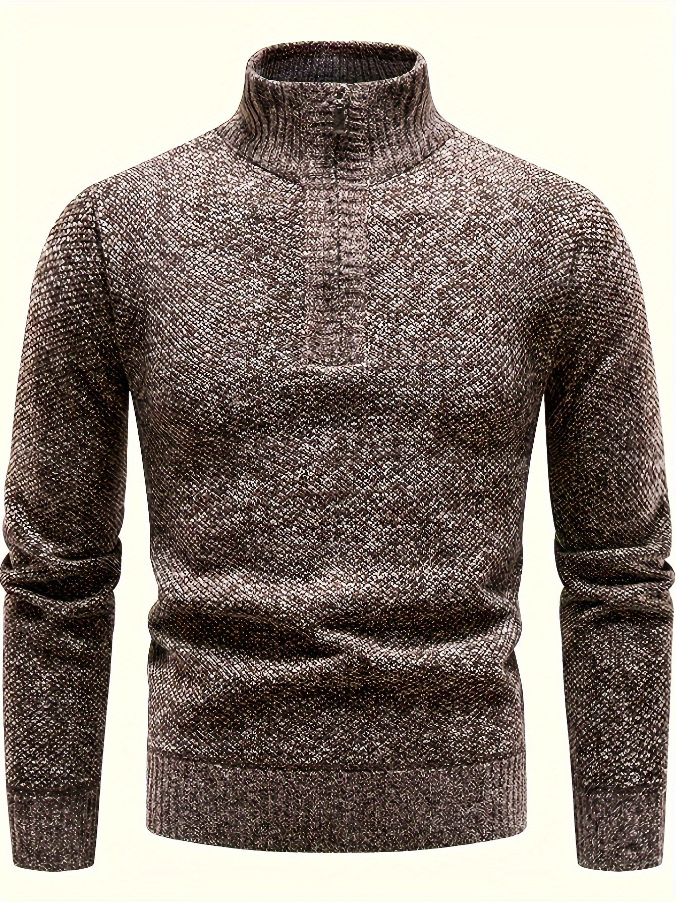 Men's Fleece-Lined Warm Knit Sweater - Autumn/Winter, Solid Color with Stand Collar & Short Zipper Placket, Long Sleeve, Polyester - Ideal for Hiking, Cycling & Casual Attire, Winter Sweater