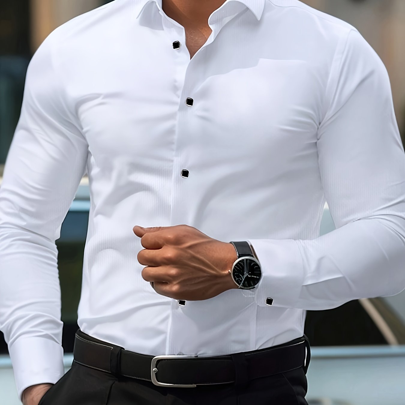 Men'S Elegant Black Long Sleeve Dress Shirt with Geometric Pattern - Polyester, Slim Fit, Button-Up, All-Season Wear, Stylish Lapel Collar, Perfect for Formal and Casual Events, Formal Attire|Slim Fit Shirt|Reflective Details