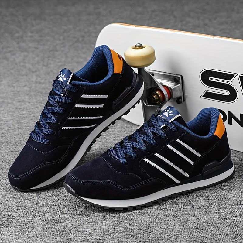 Men's Breathable Mesh Running Shoes - Versatile Korean Style Casual Sneakers with Striped Design, Durable Non-Slip Rubber Sole for Outdoor Activities, Daily Wear & Exercise - Light Gray with Blue Accents, Lace-Up Closure