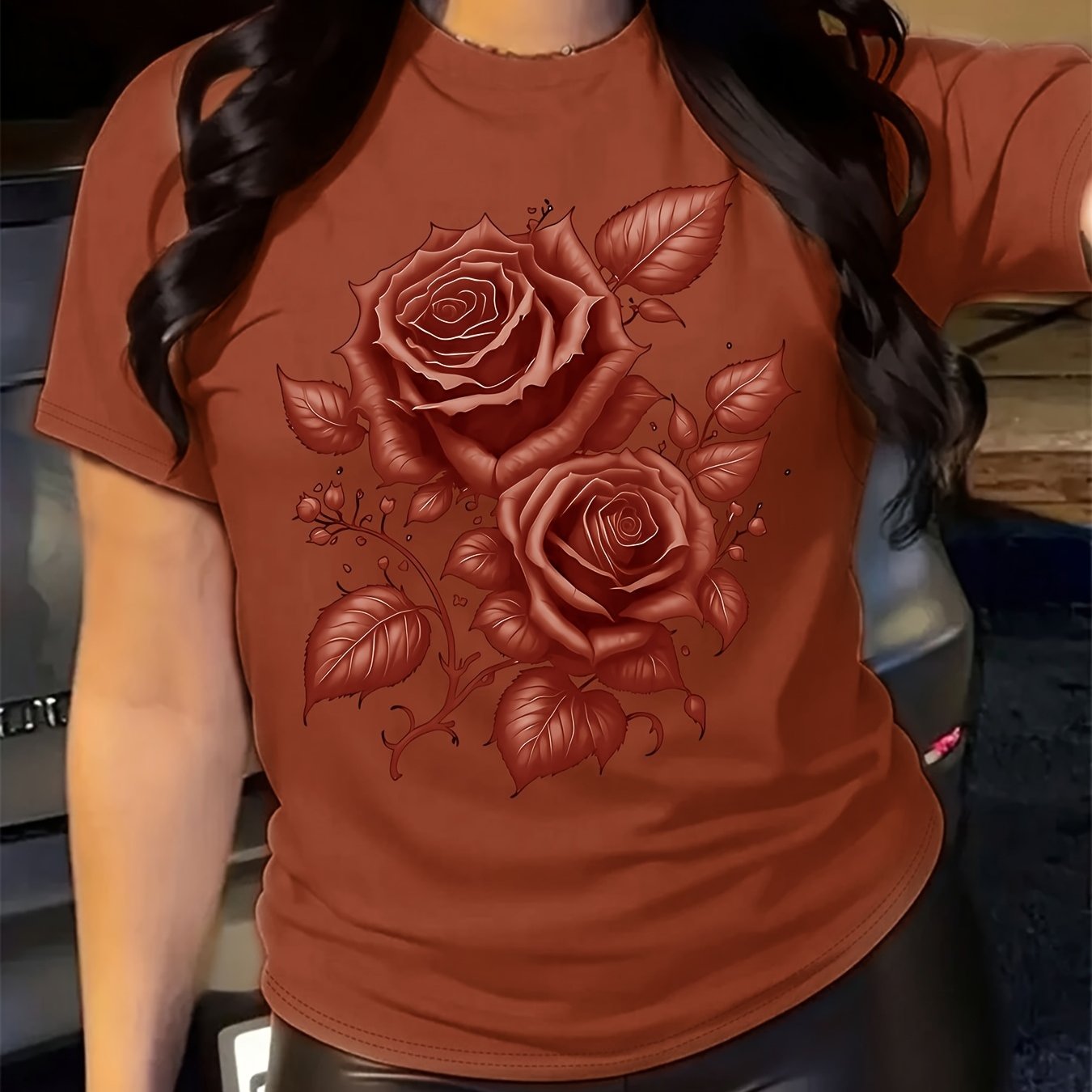 Women's Light Blue Yellow Rose Print T-Shirt - Short Sleeve Crew Neck Casual Top with Medium Stretch, Machine Washable & Breathable Fabric for All-Season Comfort, Relaxed Style, Graphic Tee, Stretchy Material, Printed Shirt,