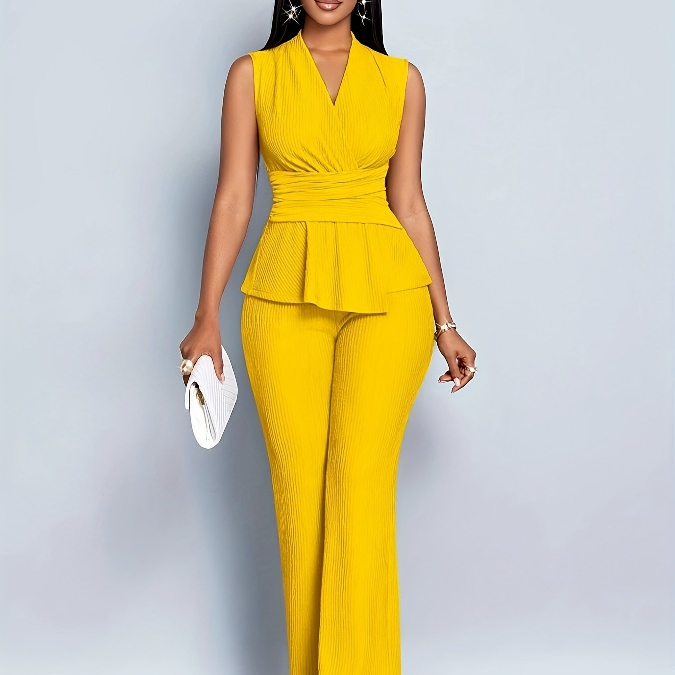 Women's Elegant V-Neck Sleeveless T-Shirt and Wide-Leg Pants Two-Piece Set, Asymmetrical Hem Casual Spring/Summer Outfit