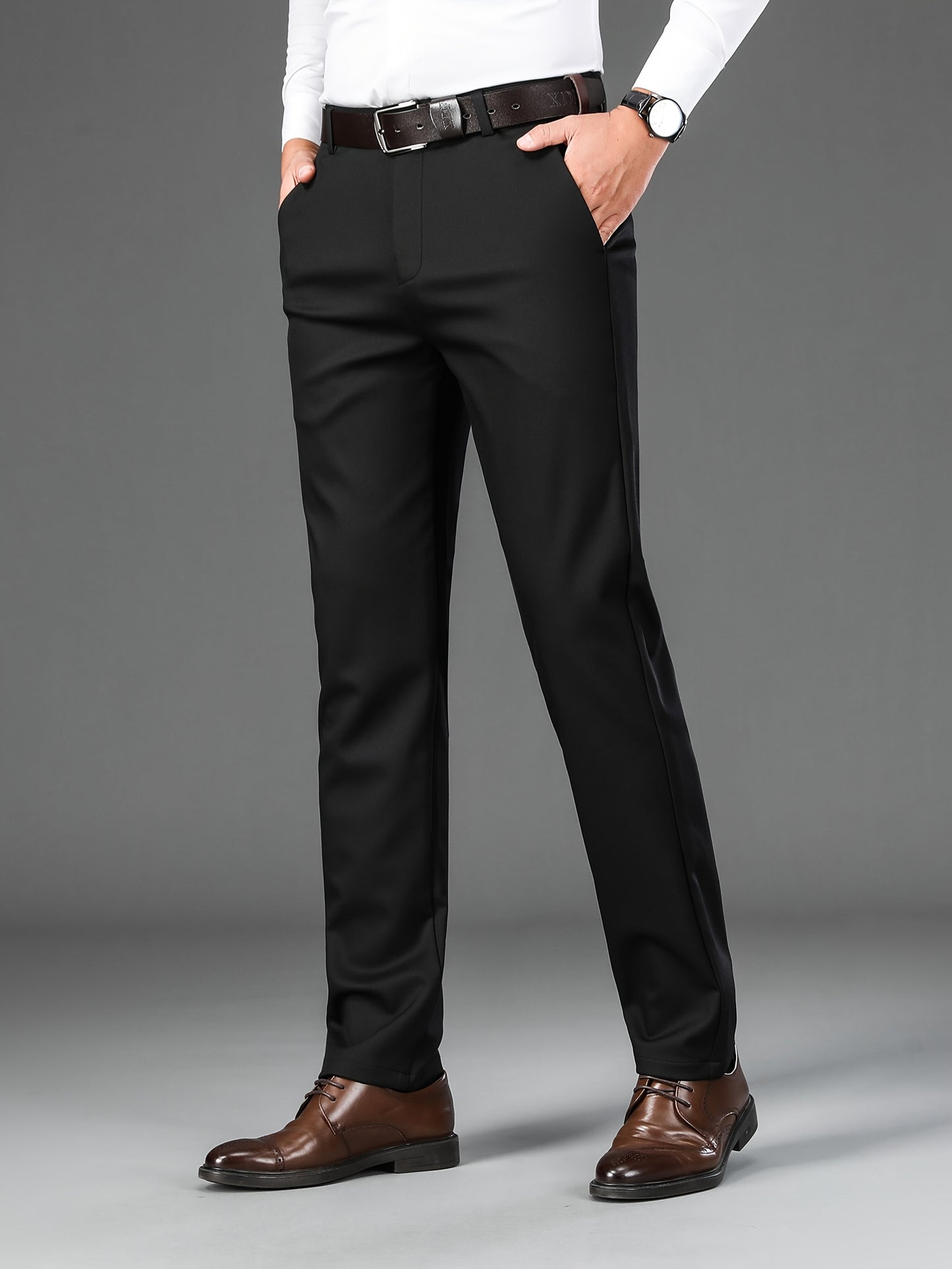 Men's Classic Solid Color Dress Pants - Comfort Fit, All-Season Polyester Blend, Machine Washable - Perfect for Business & Casual Wear