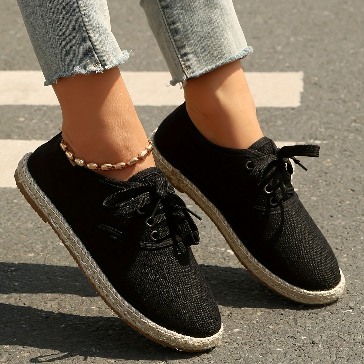 Women's Casual Solid Color Lace-Up Flats with Plain Toe, Lightweight Fabric Upper and Lining, TPR Sole, Versatile All-Season Comfort Shoes - Taizhou Origin
