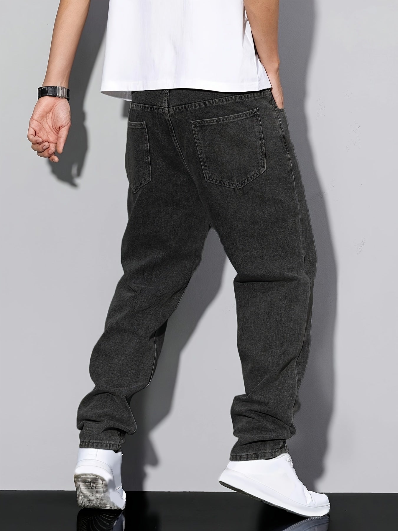 Men's Classic Straight Leg Denim Jeans - Loose Fit, Cotton Blend, Solid Color Black, Street Style, Comfortable & Versatile for All Seasons, Casual Streetwear|Street Style Pants|Nonstretch Fabric