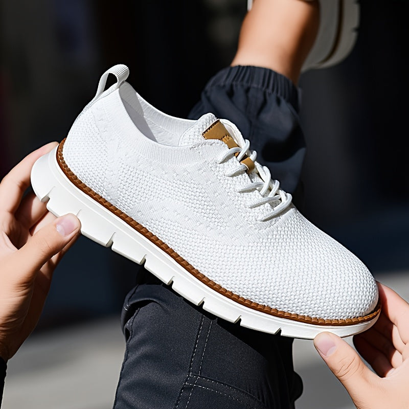 Men's Breathable Knit Business Casual Shoes - Beige with Brown Accents, Lace-Up, EVA Sole, Round Toe, Versatile for All Seasons, Dressy Shoes