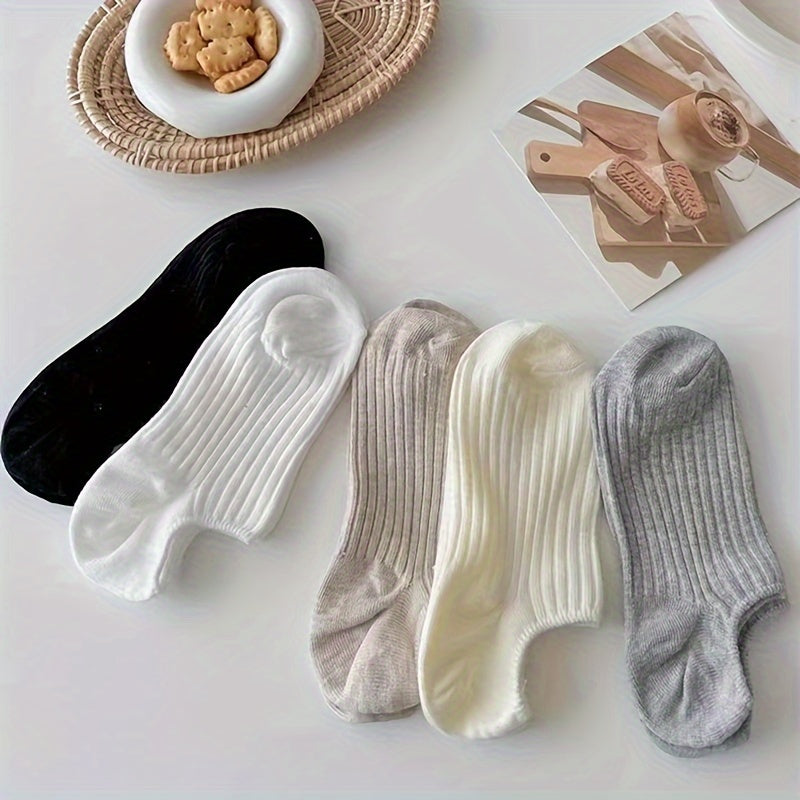 5 Pairs Solid Invisible Socks, Simple Non-slip Low Cut Boat Socks, Women's Stockings & Hosiery