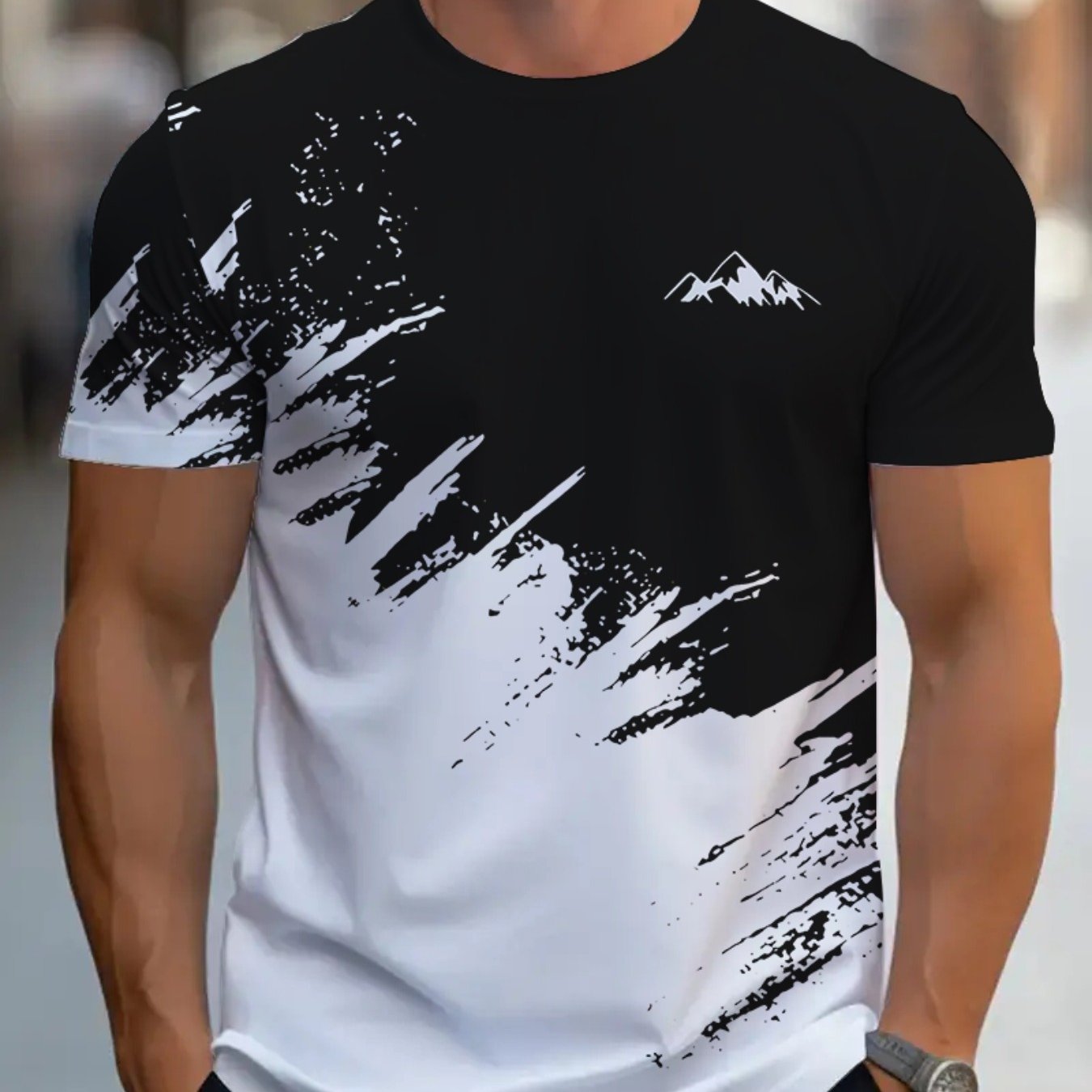 Men's Short-Sleeve T-Shirt with Bold Black White Mountain Graphic Print - Breathable Summer Casual Tee, Regular Fit Round Neck, Hand Wash Only, Leisure Clothing, Modern Tee, Nontransparent Fabric, Daily Outfit, Creative Pat