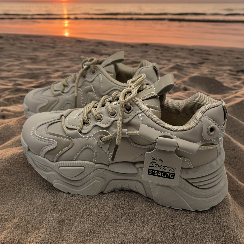Women's Fashion Chunky Sneakers, All-Season Lightweight Lace-Up Sports Shoes with Breathable Mesh, Solid Color Low Top Casual Dad Shoes, PU Upper, Fabric Inner & EVA Sole