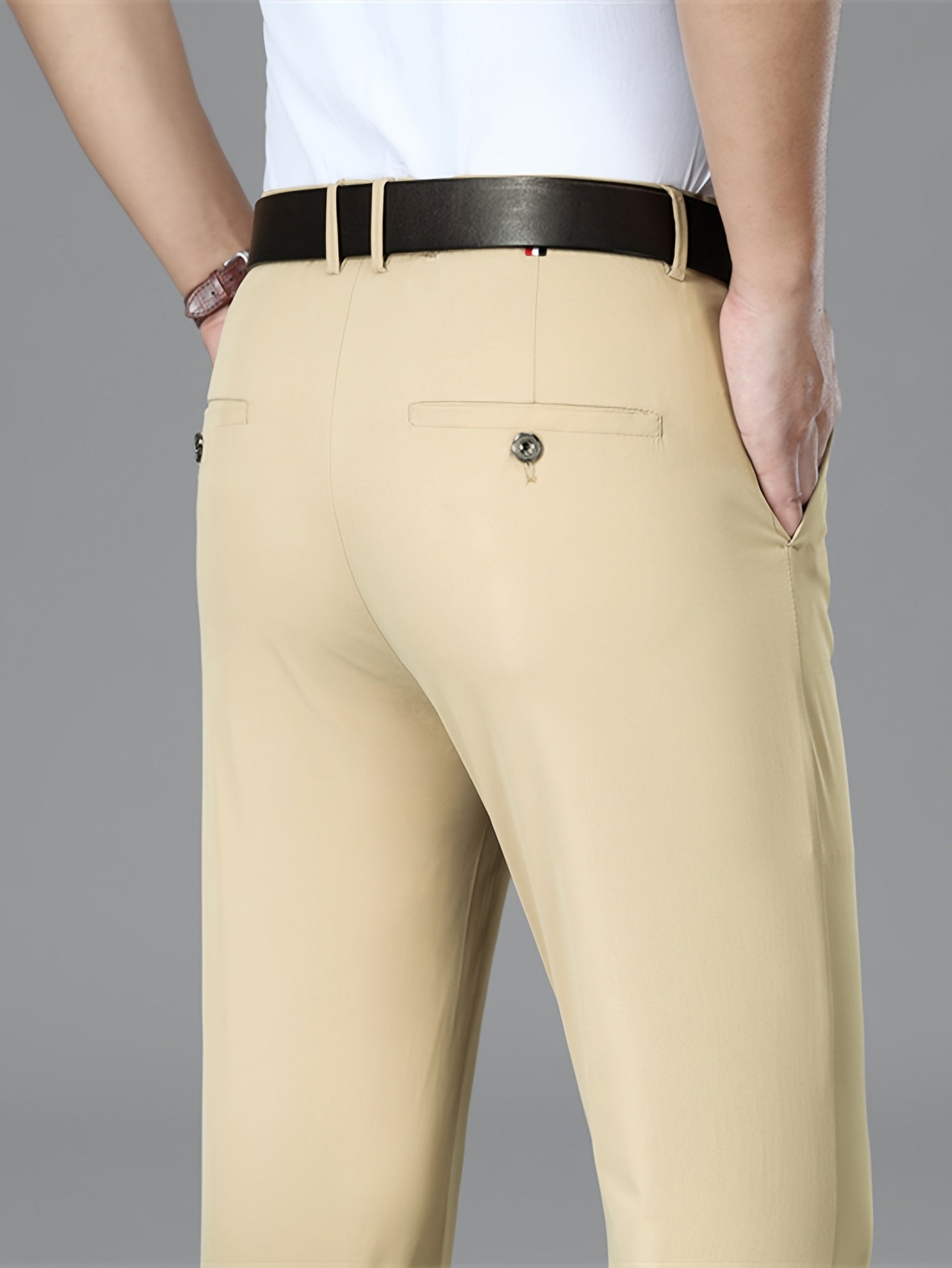 Men's Lightweight Summer Casual Pants, Slim Straight Fit, Polyester, Mid-Rise, Built-in Zipper, Regular Length - Ideal for Casual Attire