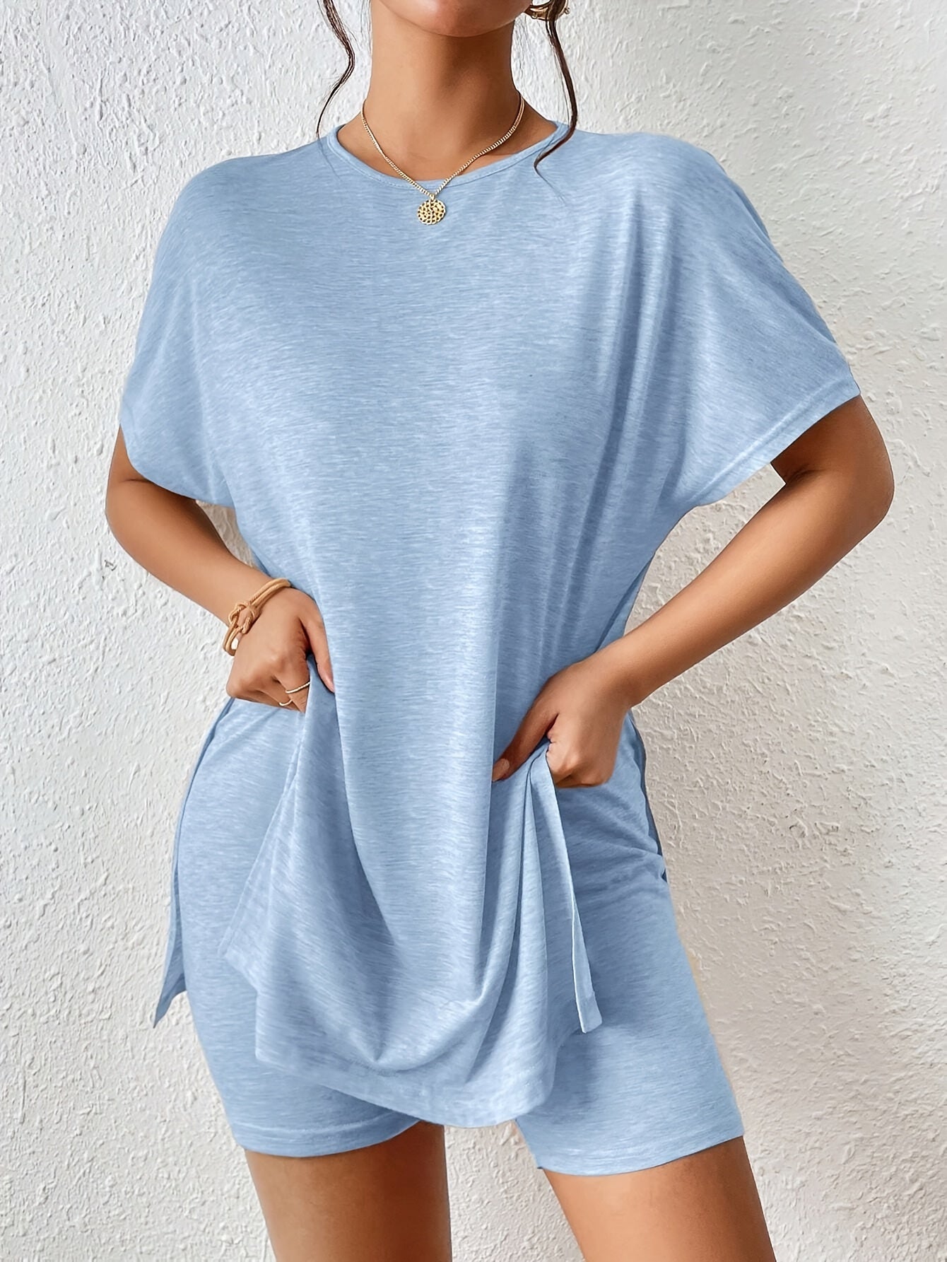 Casual Solid Color Comfortable Two-Piece Set, Bat Sleeve Round Neck Slit T-Shirt and Tight Shorts, Women's Clothing