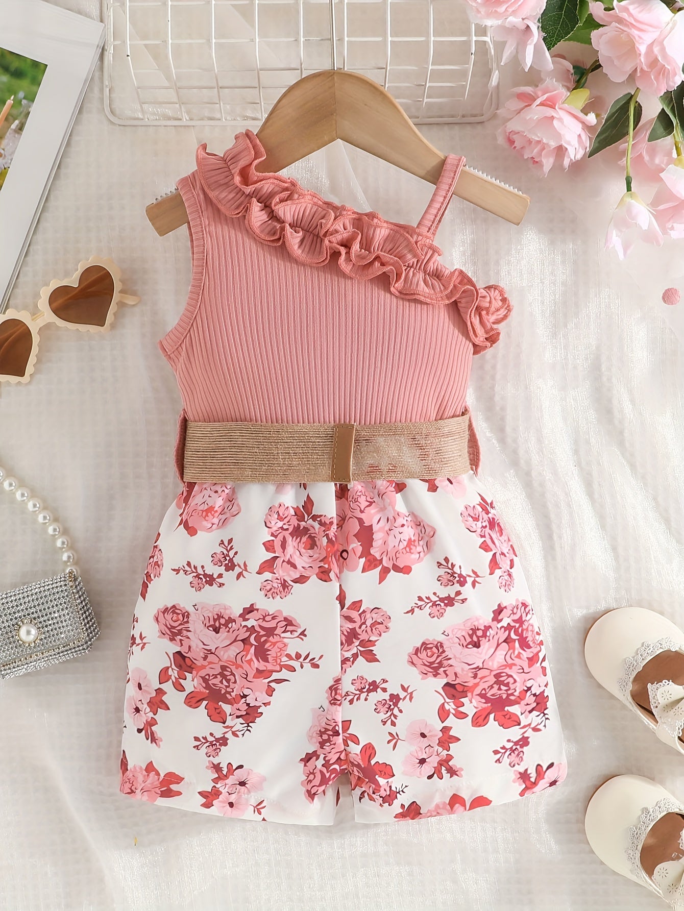 Baby's Vacation Style Flower Pattern Splicing One-Shoulder Romper With Belt, Toddler & Infant Girl's Bodysuit For Summer Daily & Outdoor Wear