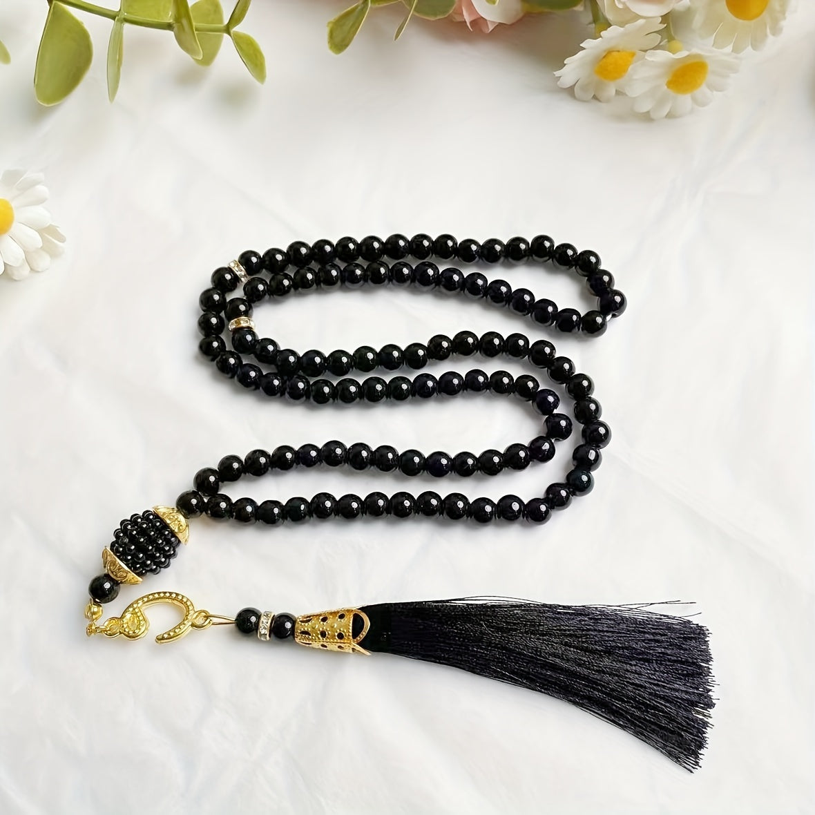 Simple Classic Black Glass Prayer Beads, 99 Count Handheld Tasbih - No Plating, Daily & Gift Occasion Versatile Strand
