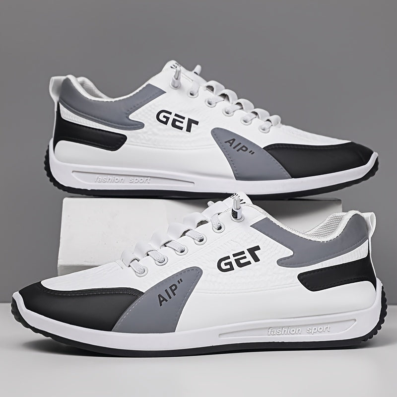 Men's White/Grey/Black Casual Sneakers - Low-Top Lace-Up Shoes with Cushioned Rubber Sole, PU Upper Fabric Lining - Lightweight Everyday Walking Shoes for Gym, Office, Travel - Minimalist Athletic Footwear, Shoes Sneakers,