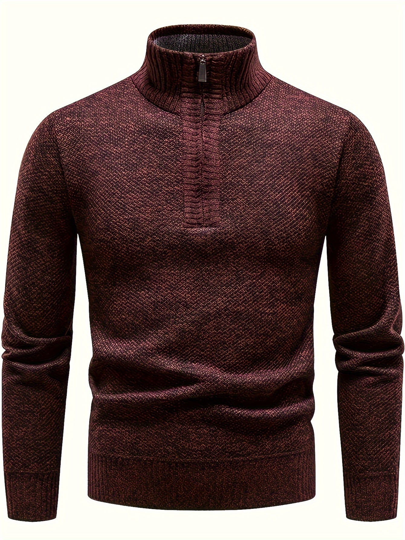 Men's Fleece-Lined Warm Knit Sweater - Autumn/Winter, Solid Color with Stand Collar & Short Zipper Placket, Long Sleeve, Polyester - Ideal for Hiking, Cycling & Casual Attire, Winter Sweater