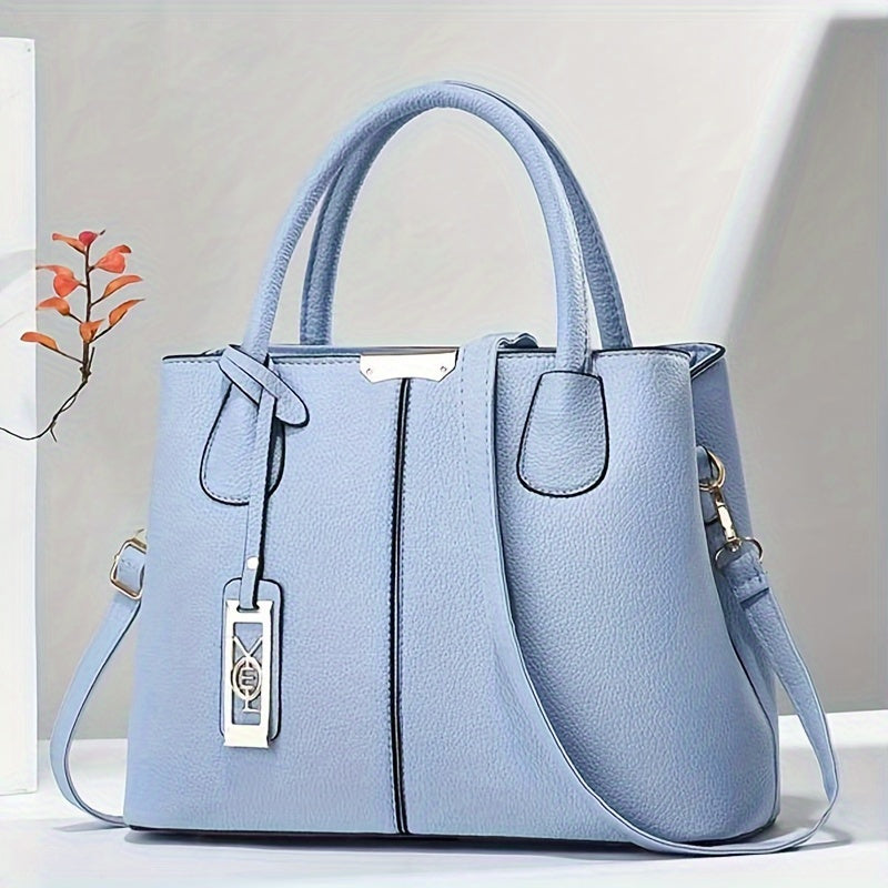 Large Capacity Gray PU Tote Bag - Stylish Versatile Shoulder & Crossbody Bag with Adjustable Straps, Zip Closure, and Polyester Lining