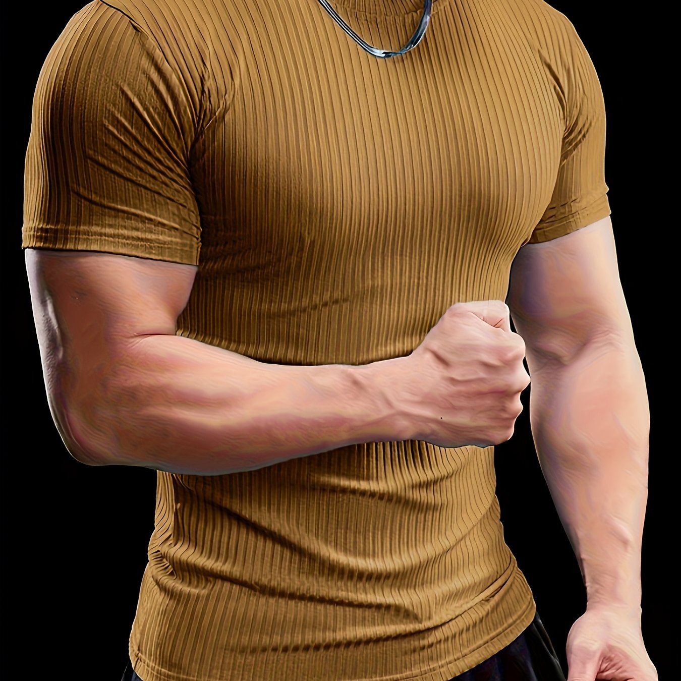 Men's Slim Fit Ribbed Short Sleeve T-Shirt - Stretchy Athletic Casual Wear, Green, Round Neck, Machine Washable, Muscle-Enhancing Design, Gym Shirts