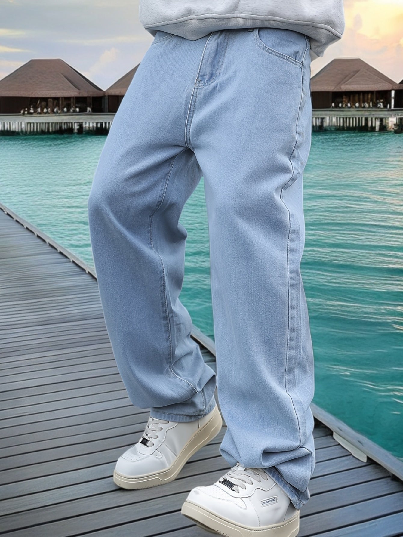 Men's Loose Solid Denim Pants With Pockets, Causal Cotton Blend Jeans For Outdoor Activities