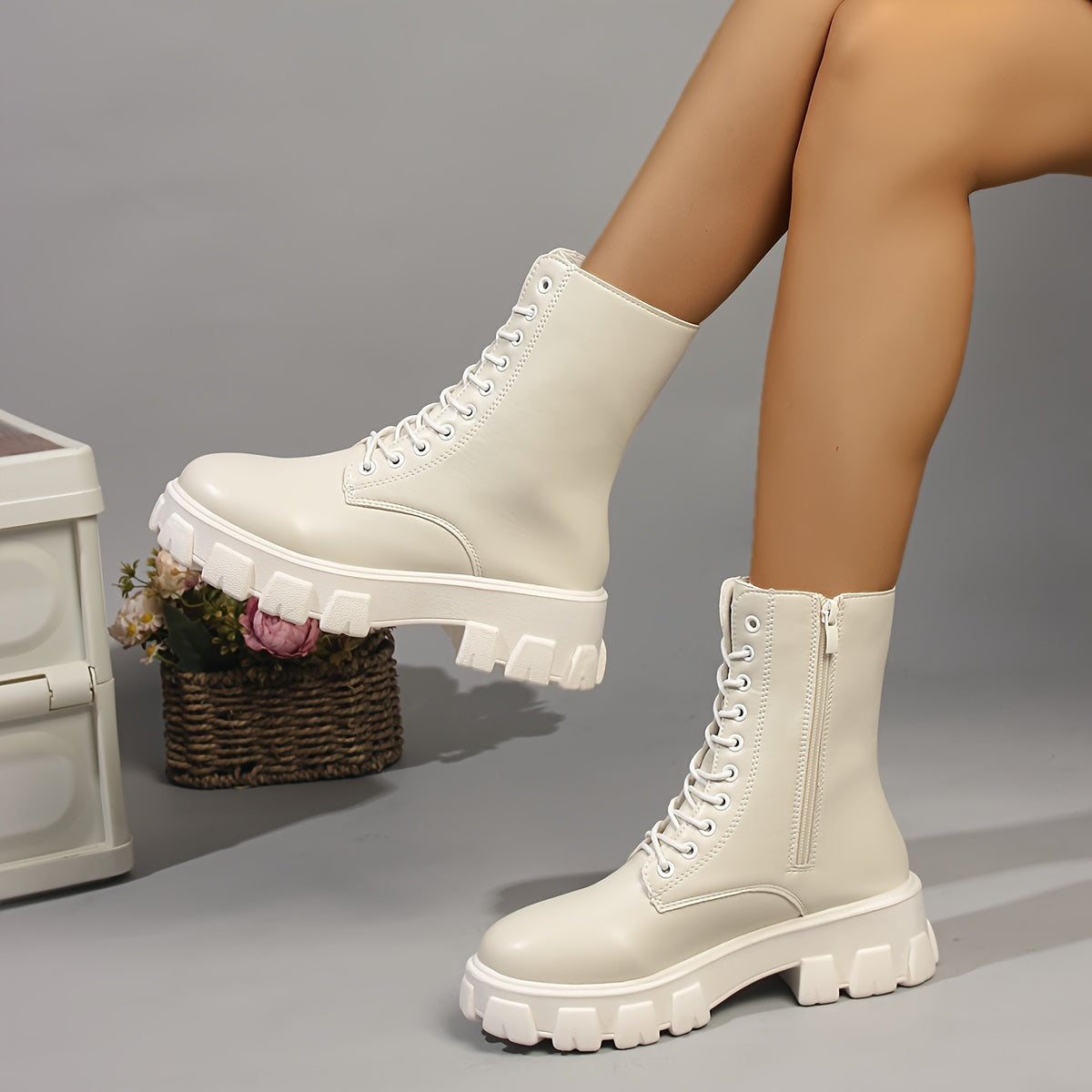 Chic Women's Mid-Calf Platform Boots - Versatile Lace-Up Ankle Booties with Thick Sole, Faux Cover, Comfortable for All Seasons