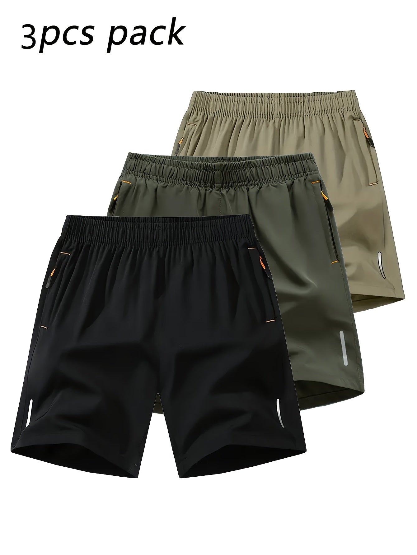 Three-pack Men's casual and fashionable breathable quick-drying shorts, with zipper pockets and drawstring, suitable for outdoor leisure sports