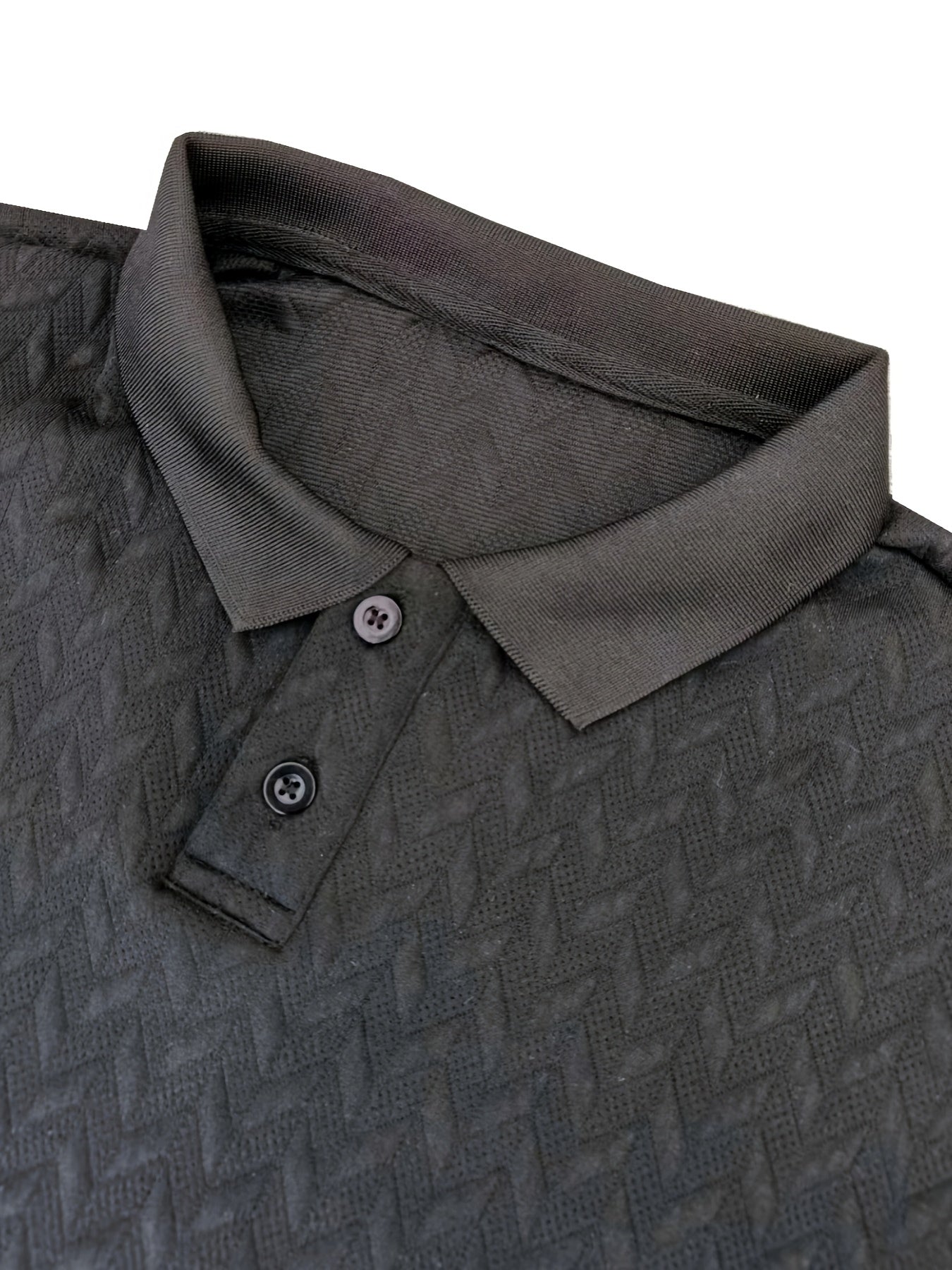 Men'S Casual Black Short Sleeve Polo Shirt with Textured Diamond Pattern - Polyester, Button-Up, Regular Fit for Summer, Casual Attire|Textured Pattern Shirt|Polyester Fabric