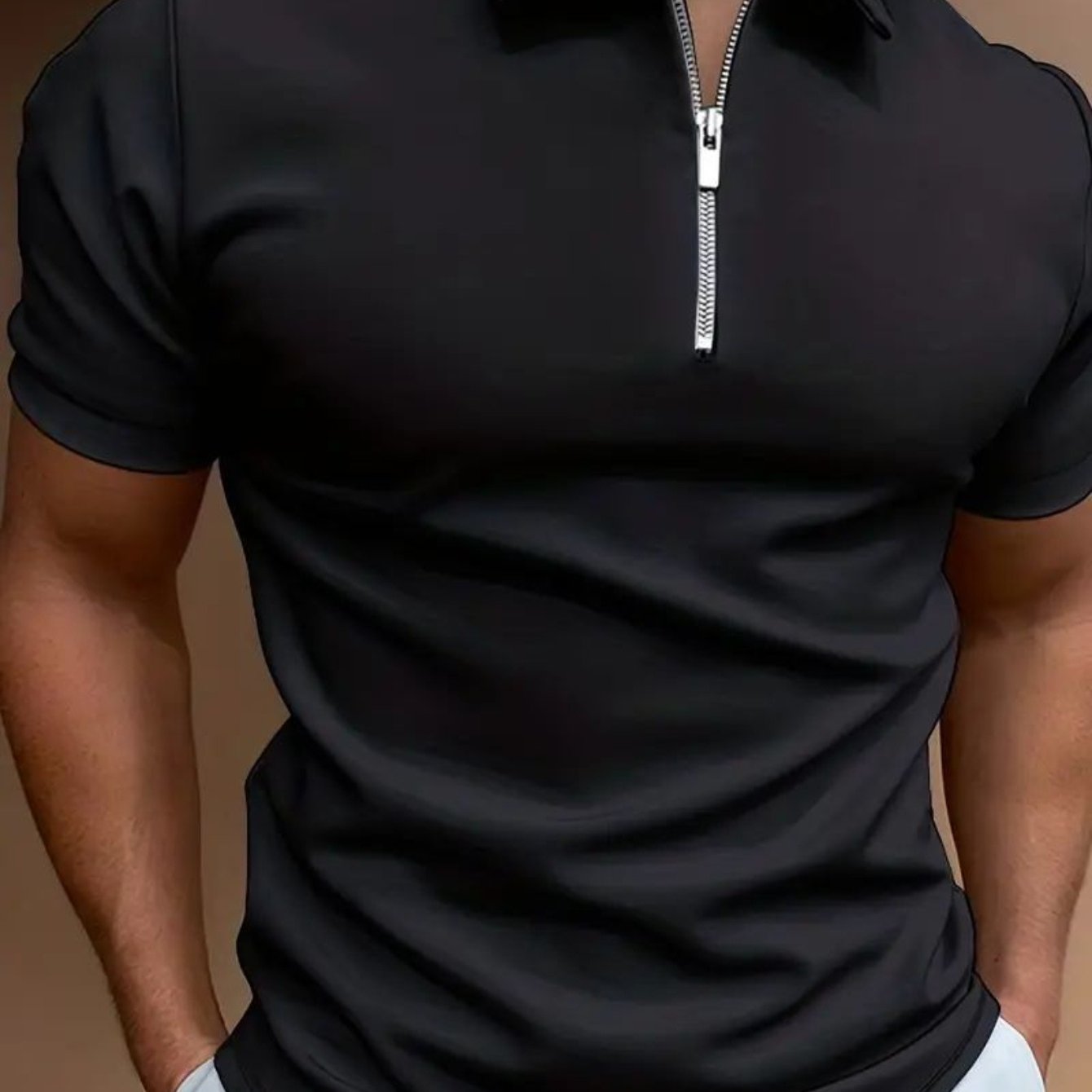 Men's Summer Classic Collar Half-Zip Casual T-Shirt - Solid Black, Breathable Regular Fit Short Sleeve Top for Casual Attire & Semi-Formal Occasions, Semiformal Attire | Halfzip Shirt | Smooth Fabric Finish