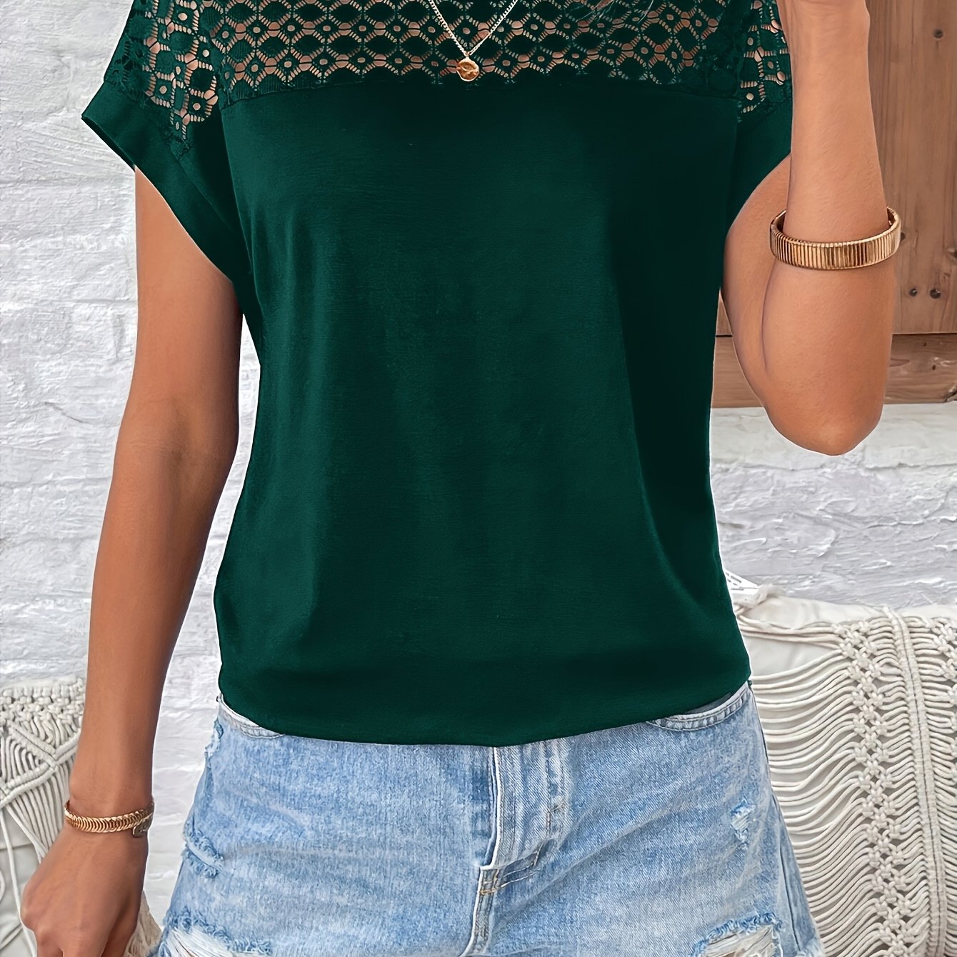 Vacation Style Lace Batwing Short-Sleeve T-Shirt