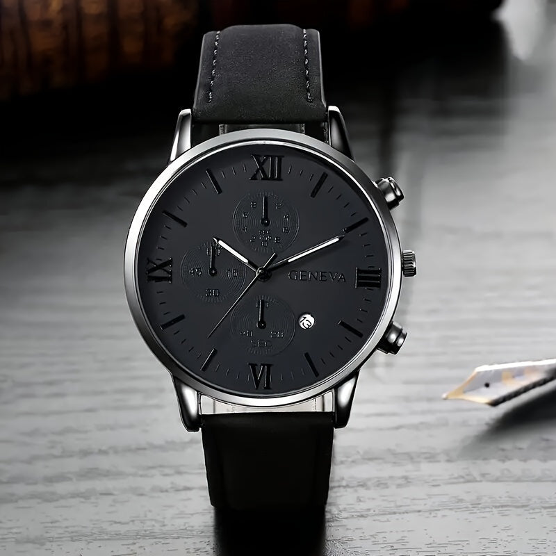 1pc Geneva Vintage Men'S Quartz Watch, Round Alloy Case, Analog Display, with Date Feature, PU Leather Strap, Battery Powered (Button Battery), for Valentine's, Easter, Ramadan, Birthday, Christmas Gifts