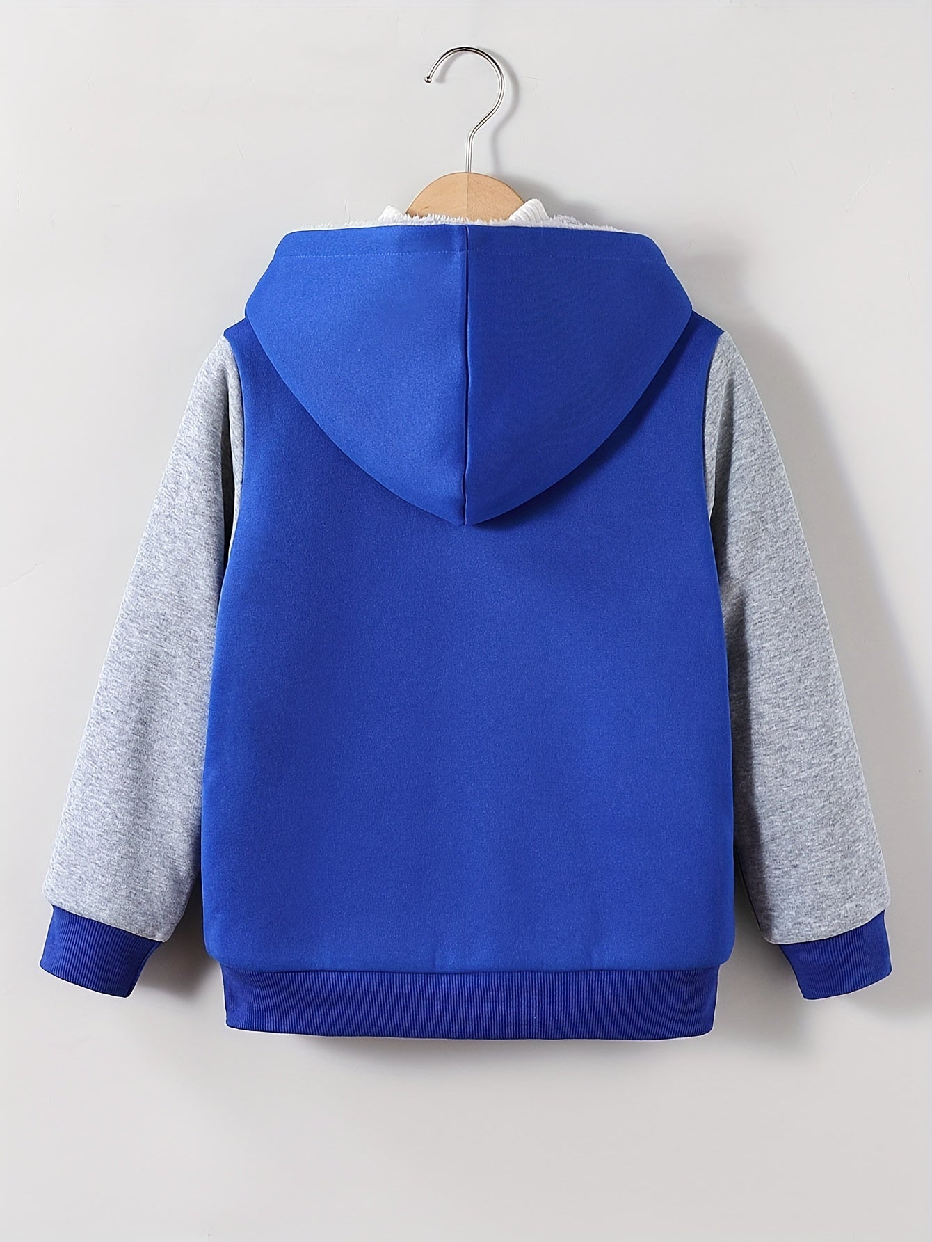 1pc Boys Stylish Color Block Fleece Lining Hooded Jacket, Long Sleeve Zip Up Jacket, Kids Clothes Outdoor