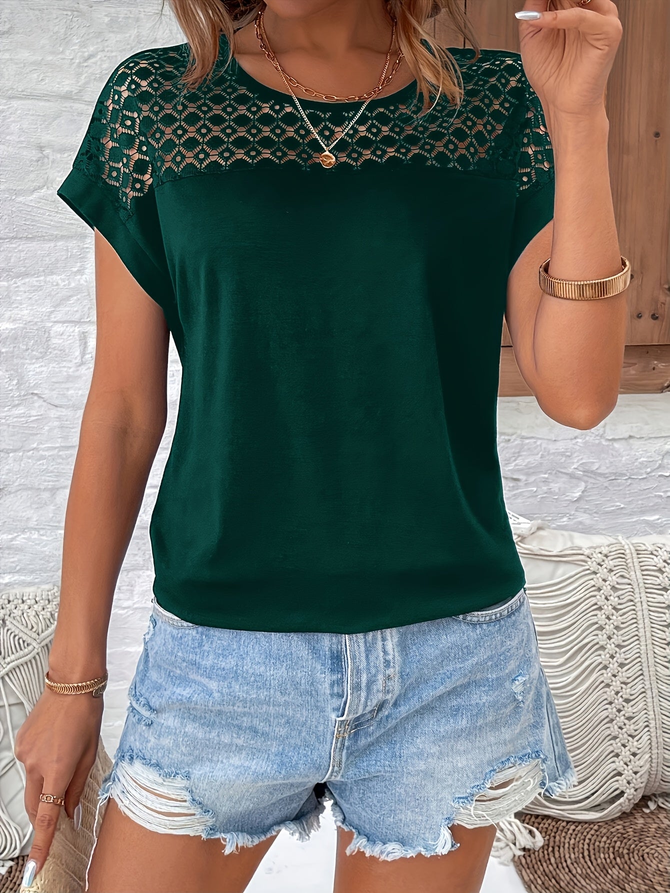Vacation Style Lace Batwing Short-Sleeve T-Shirt