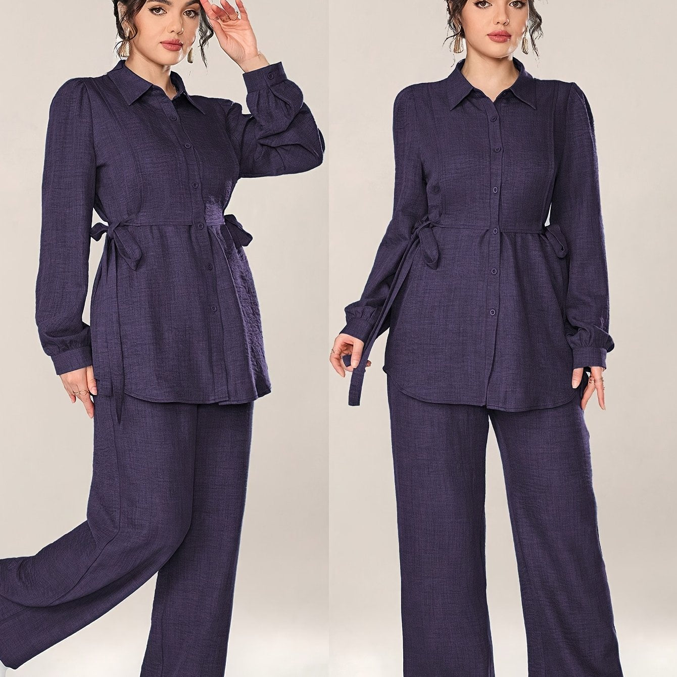 Stylish and Elegant Casual Two-Piece Women's Outfit with Side Tie Single-Breasted Shirt and Wide-Leg Pants for Office Wear