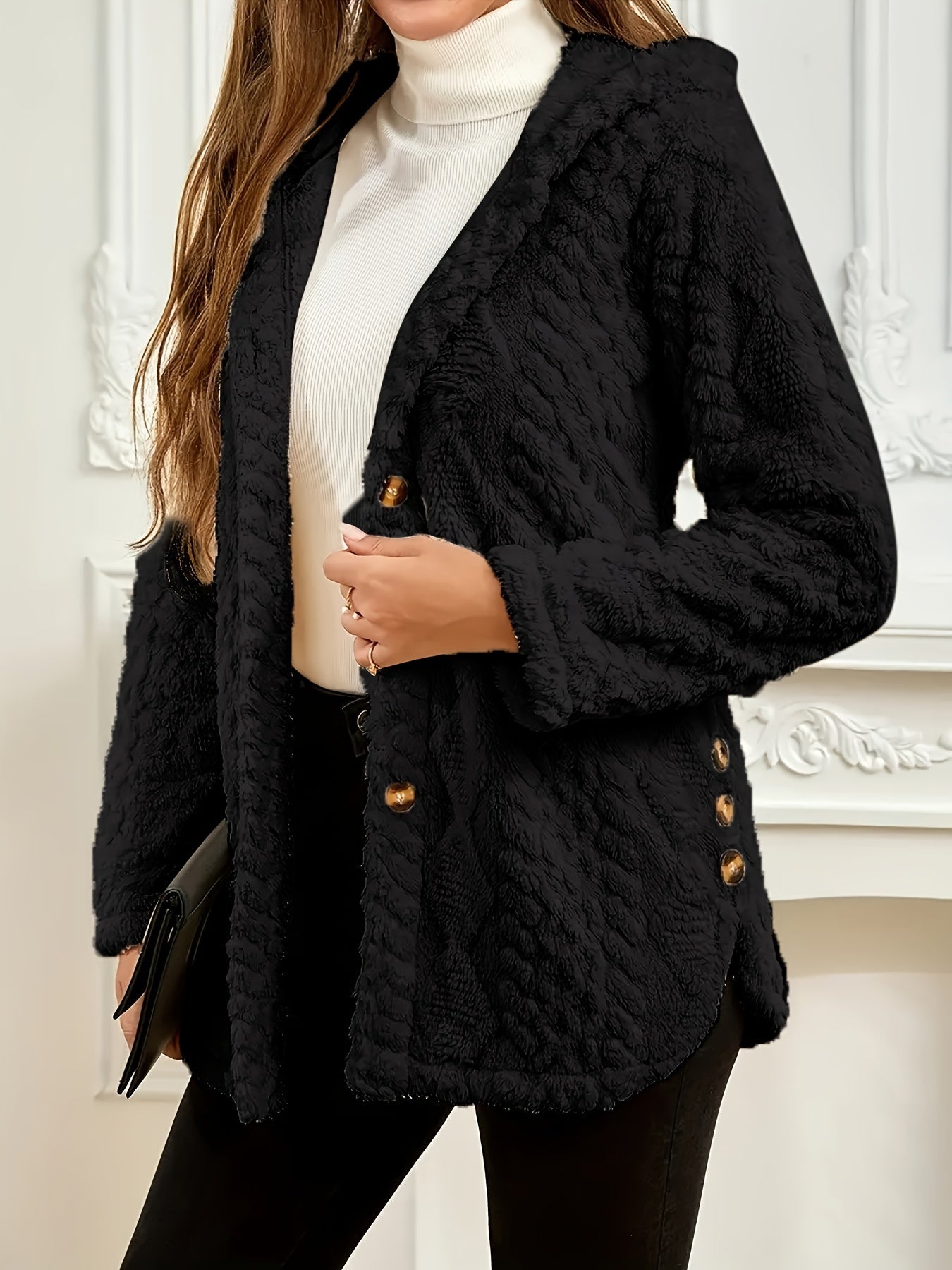 Elegant Pink Faux Fur Coat for Women - Chic Button-Front Hooded Jacket with Sleek Collar, Long Sleeves, and Ribbed Detailing - Perfect for Fall & Winter, Hand or Dry Clean Only