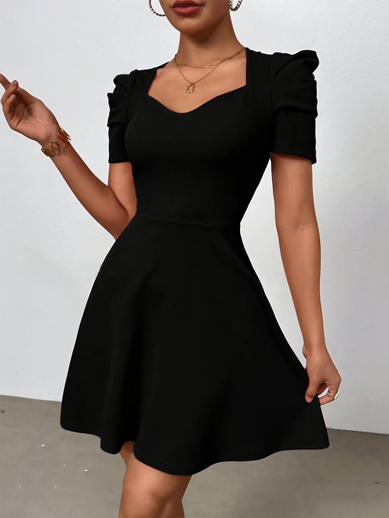Elegant Heart Neck A-line Dress, Polyester Elastane Blend, Solid Color, All Season, Women'S Clothing