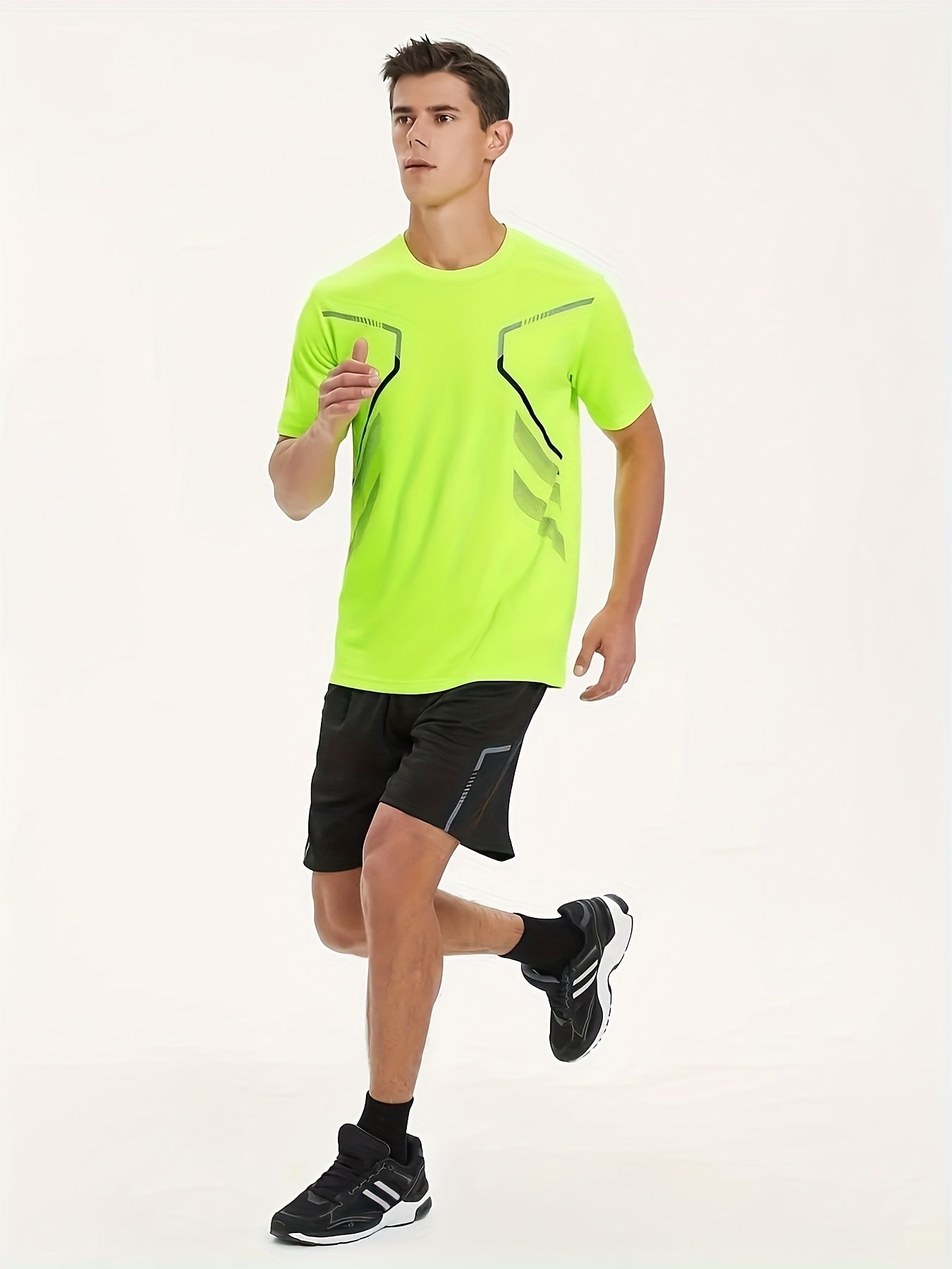 2pcs Men's Summer Sportswear Set - Comfortable Polyester Crew Neck T-Shirt & Black Drawstring Shorts with Side Stripe, Casual Style, Easy Care, Athletic Shorts