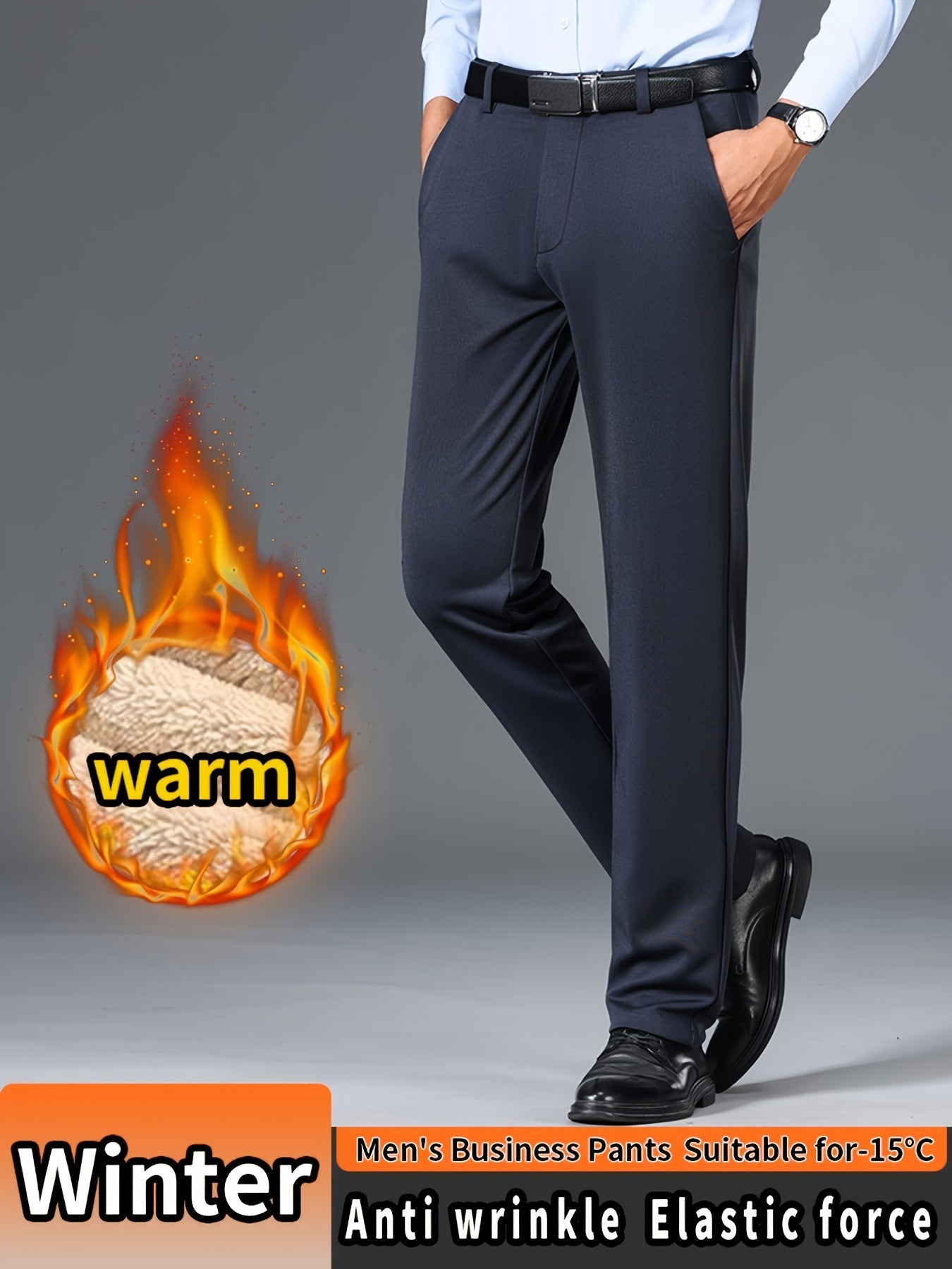 Men'S High Waist Solid Color Straight Leg Business Pants with Pocket Details, Polyester and Elastane Blend with Viscose Lining, Elastic Stretch, Zipper Fly Closure, Suitable for Fall/Winter Workwear
