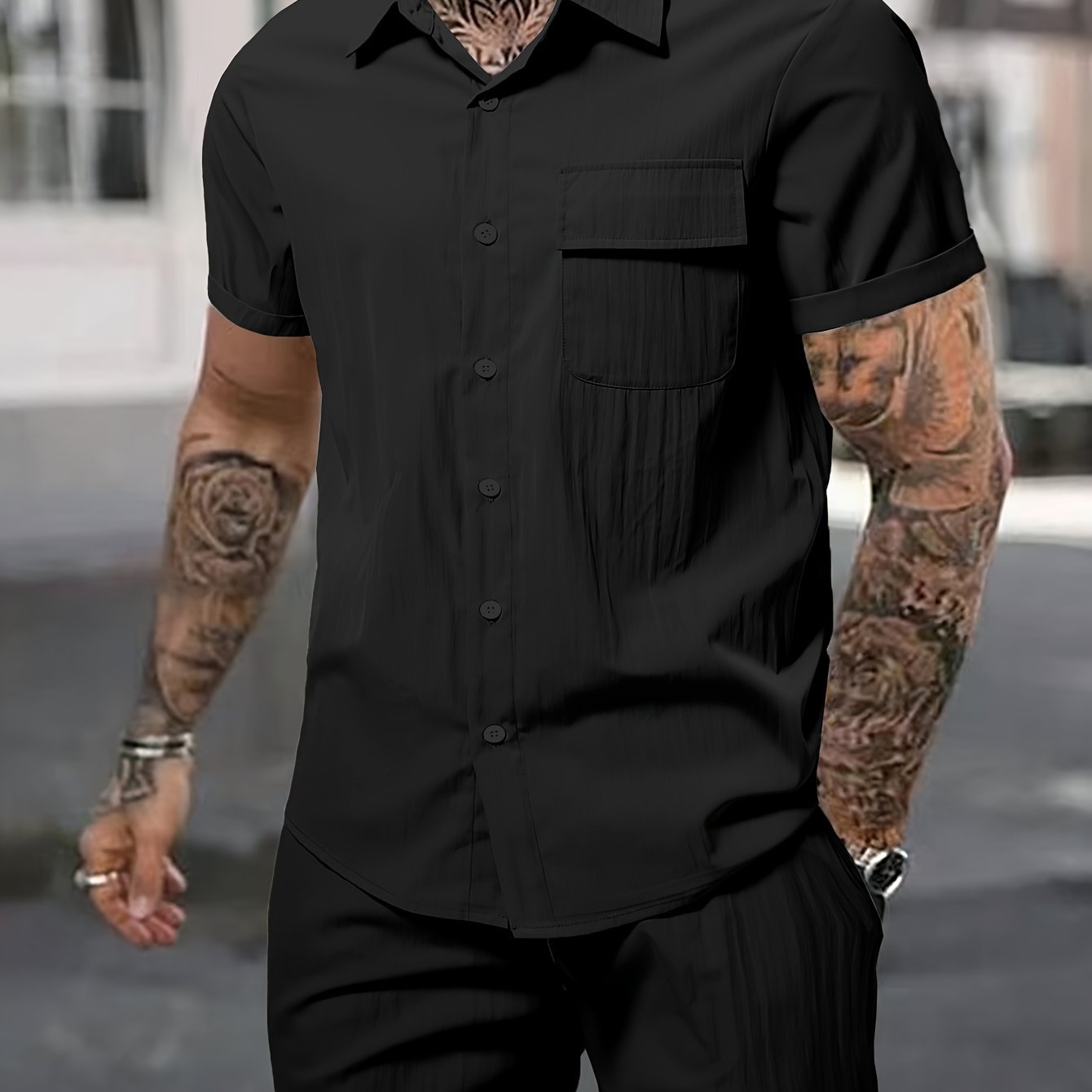 Men's Summer 2pcs Set: Casual Fashion Beige Short Sleeve Collared Shirt & Drawstring Shorts - Lightweight Blend, Ideal for Beach Vacations