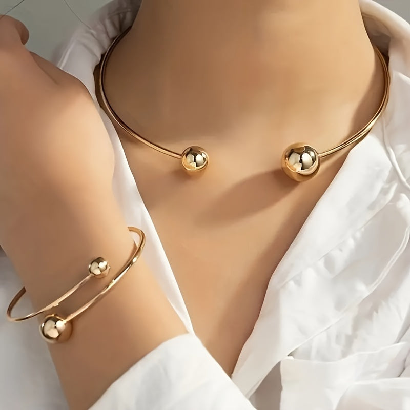 2pcs Metal Glossy Adjustable Bracelet and Necklace Set