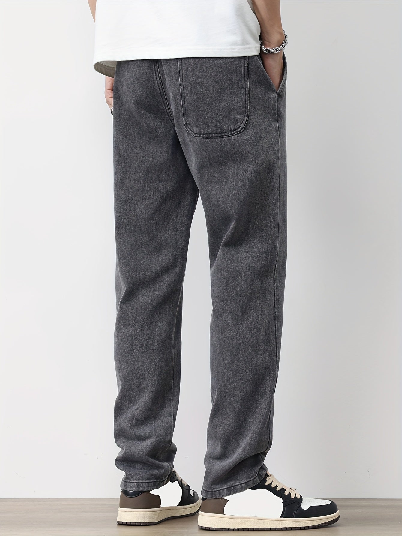 Men's Solid Washed Denim Trousers With Pockets, Causal Drawstring Cotton Blend Barrel Jeans For Outdoor Activities
