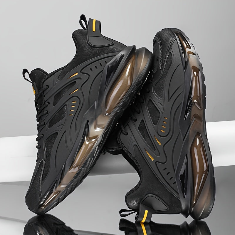 Men's Casual Sneakers - Breathable Low-Top Lace-Up Design, Durable PU Upper Cushioned PVC Sole for All-Season Comfort - Black with Yellow Accents - Ideal for Running, Hiking, Daily Wear, Hiking Footwear, Stylish Contrast Ac