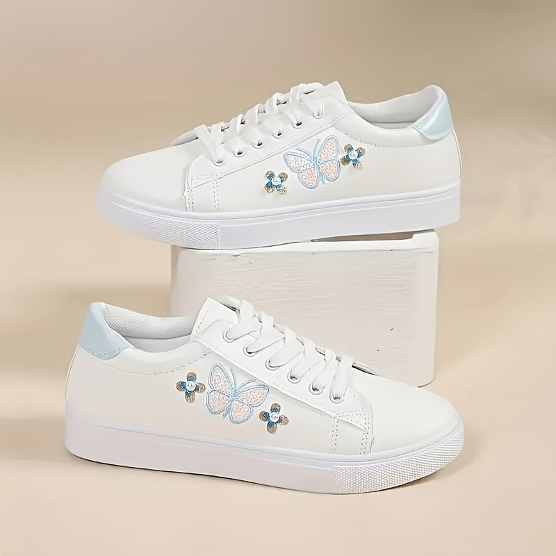 Ladies Butterfly Casual Sports Shoes, White Low-Top Lace-Up, Colorful Butterfly Pattern, Round Toe, Synthetic Upper, Plastic Sole, Non-Woven Fabric Insole and Inner Material, with Hand Wash or Professional Dry Clean Operation