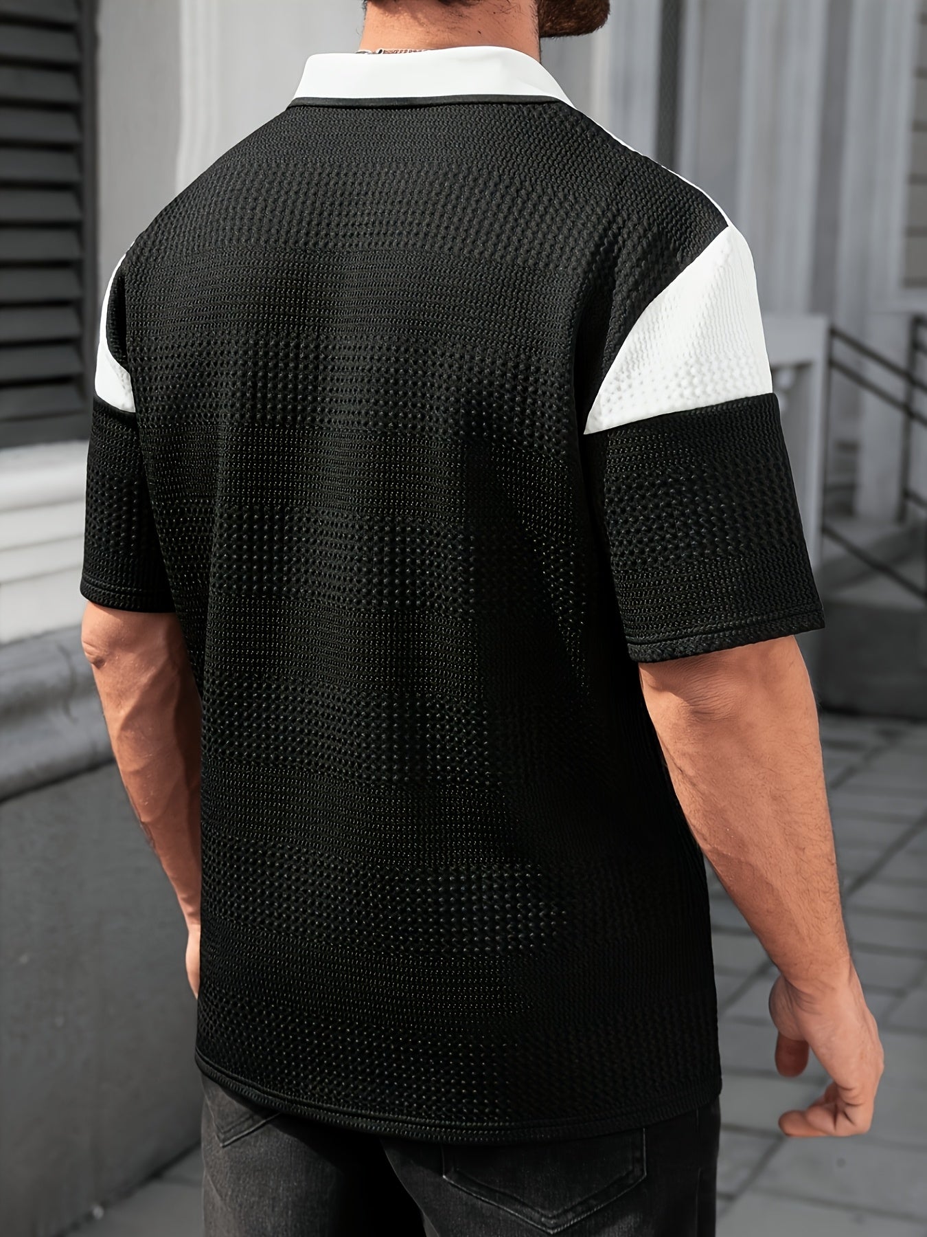 Men's Summer Casual Polo Shirt with Color Block and Stripes