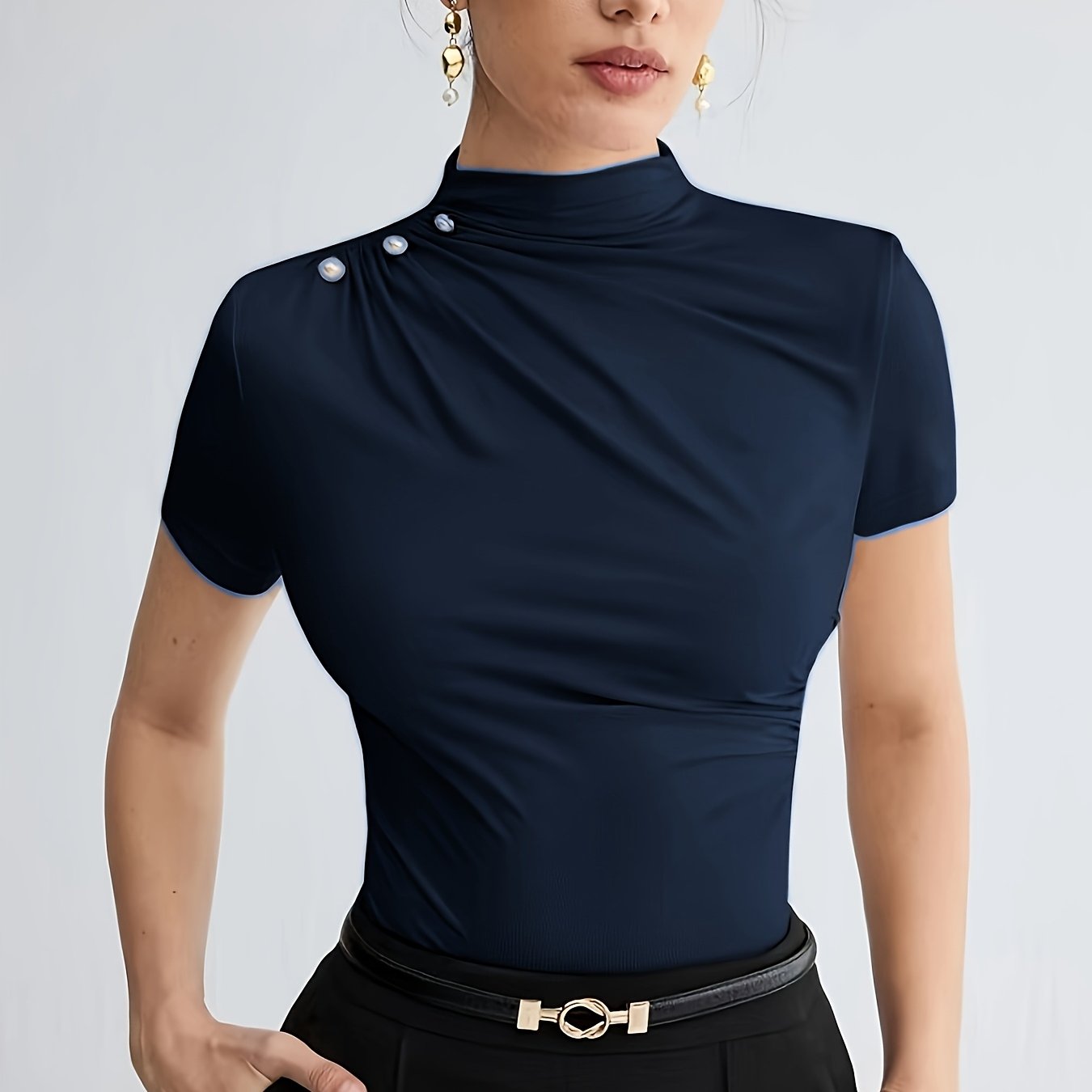 Elegant White Short Sleeve Turtleneck Top with Button Detail - Versatile Summer Blouse for Women, Casual Attire|Minimalist Style|Sleek Fit