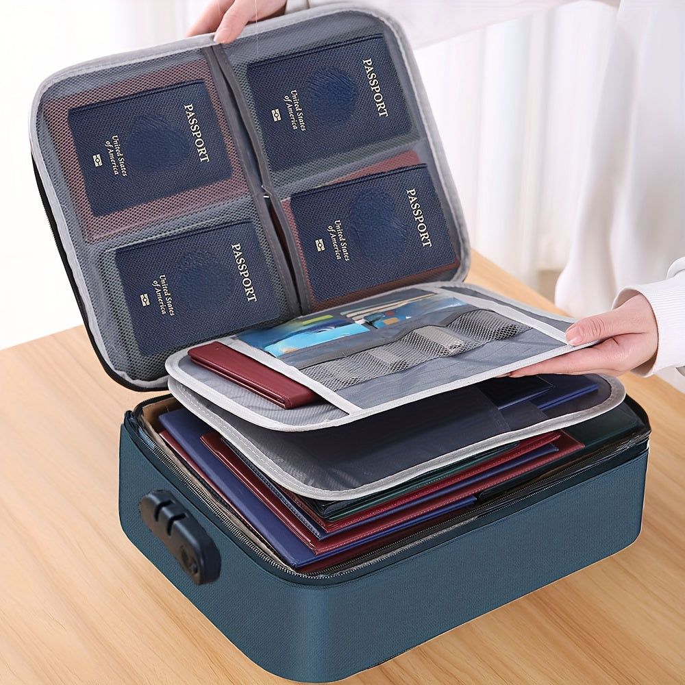 1pc Synthetic Leather Document Bag with Combination Lock, 3-Layer Water-Resistant Zipper File Storage Case, Portable Travel Home Organizer for Laptop, Files, Certificates - Office Essentials, Travel Document Organizer | Porta