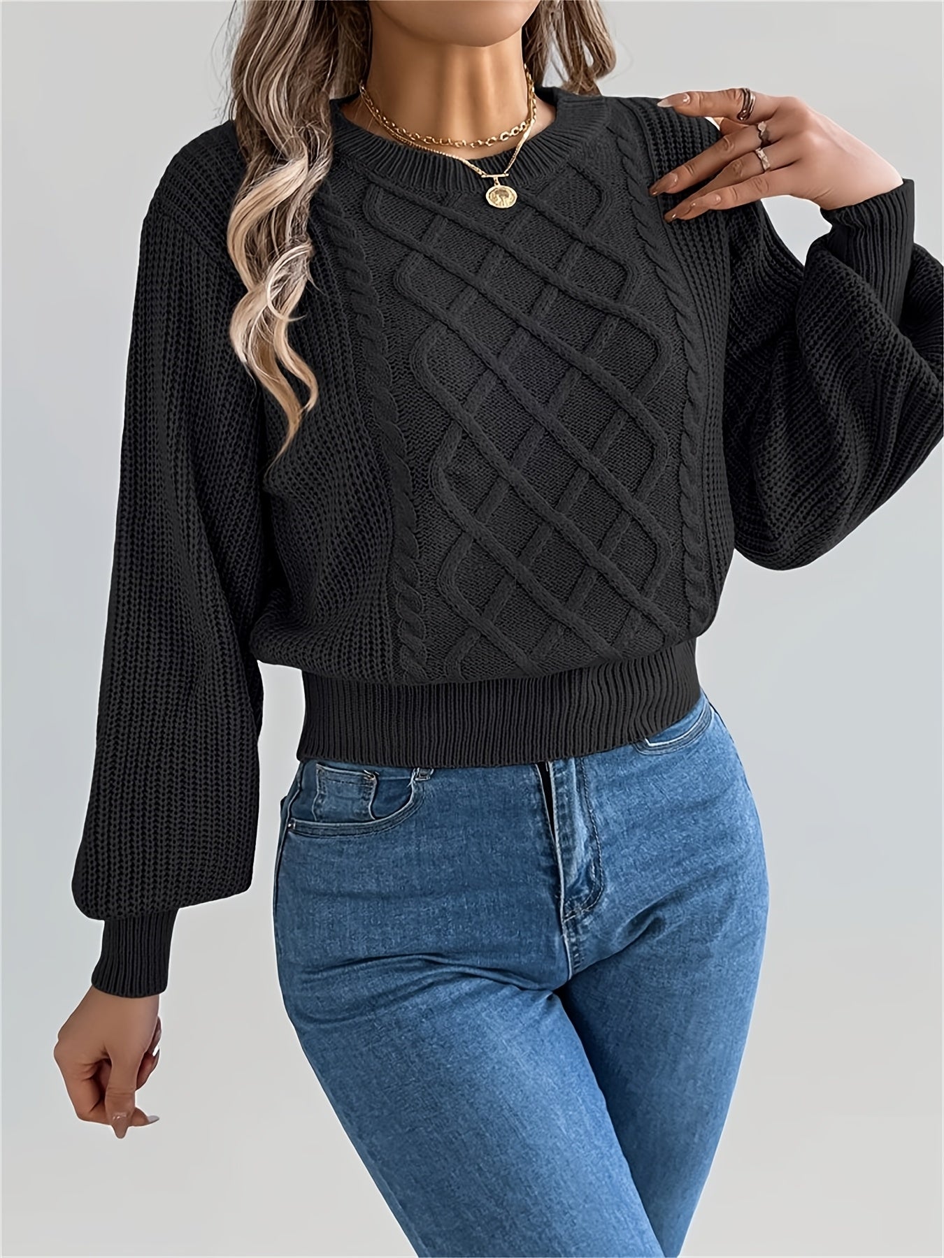Elegant Cable Knit Sweater for Women - Casual Long Sleeve, Round Neck Pullover in Solid Color, Perfect for Fall/Winter