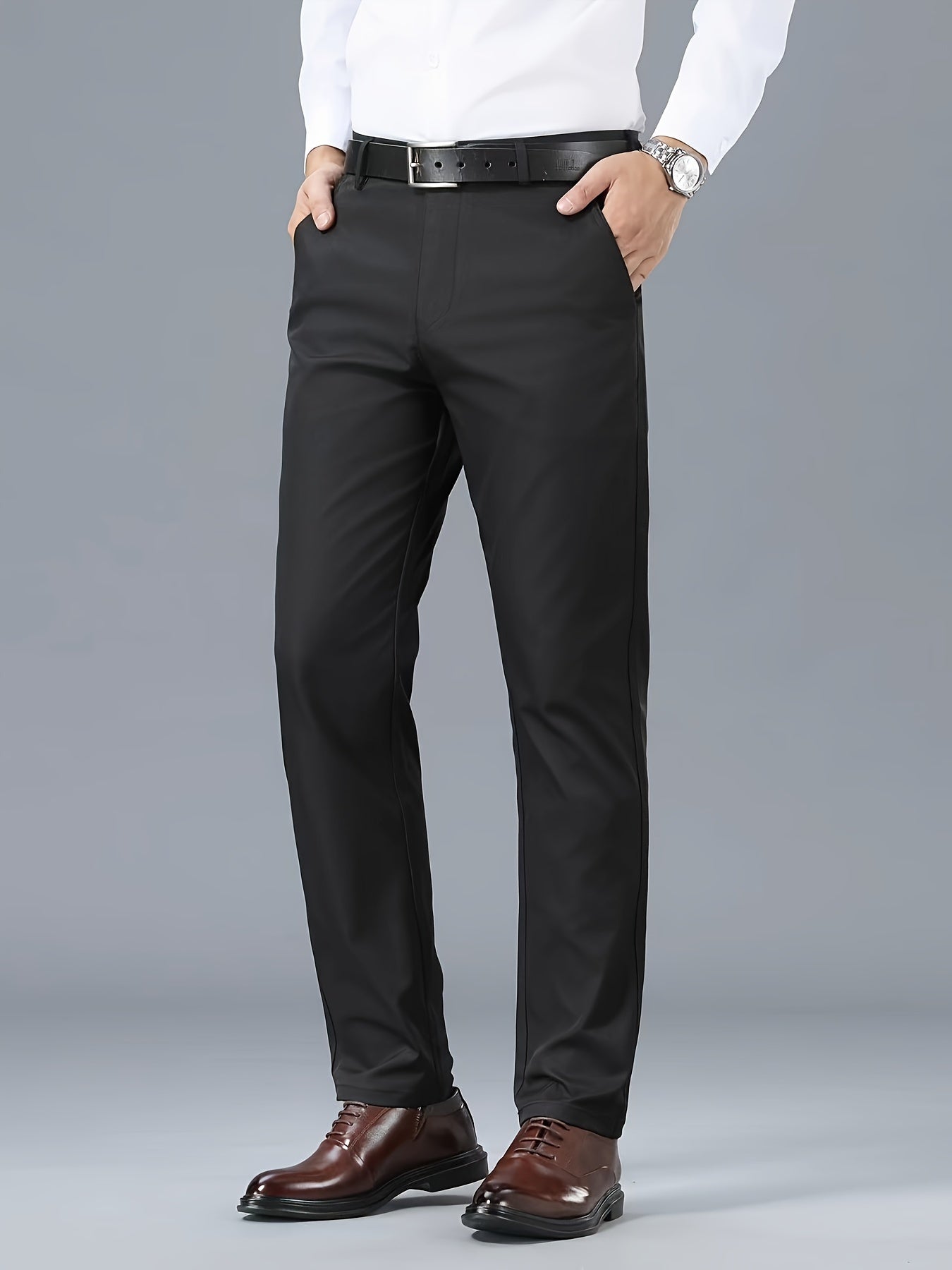 Men's Classic Business Casual Pants - Polyester, Solid Color, Regular Fit for All Seasons