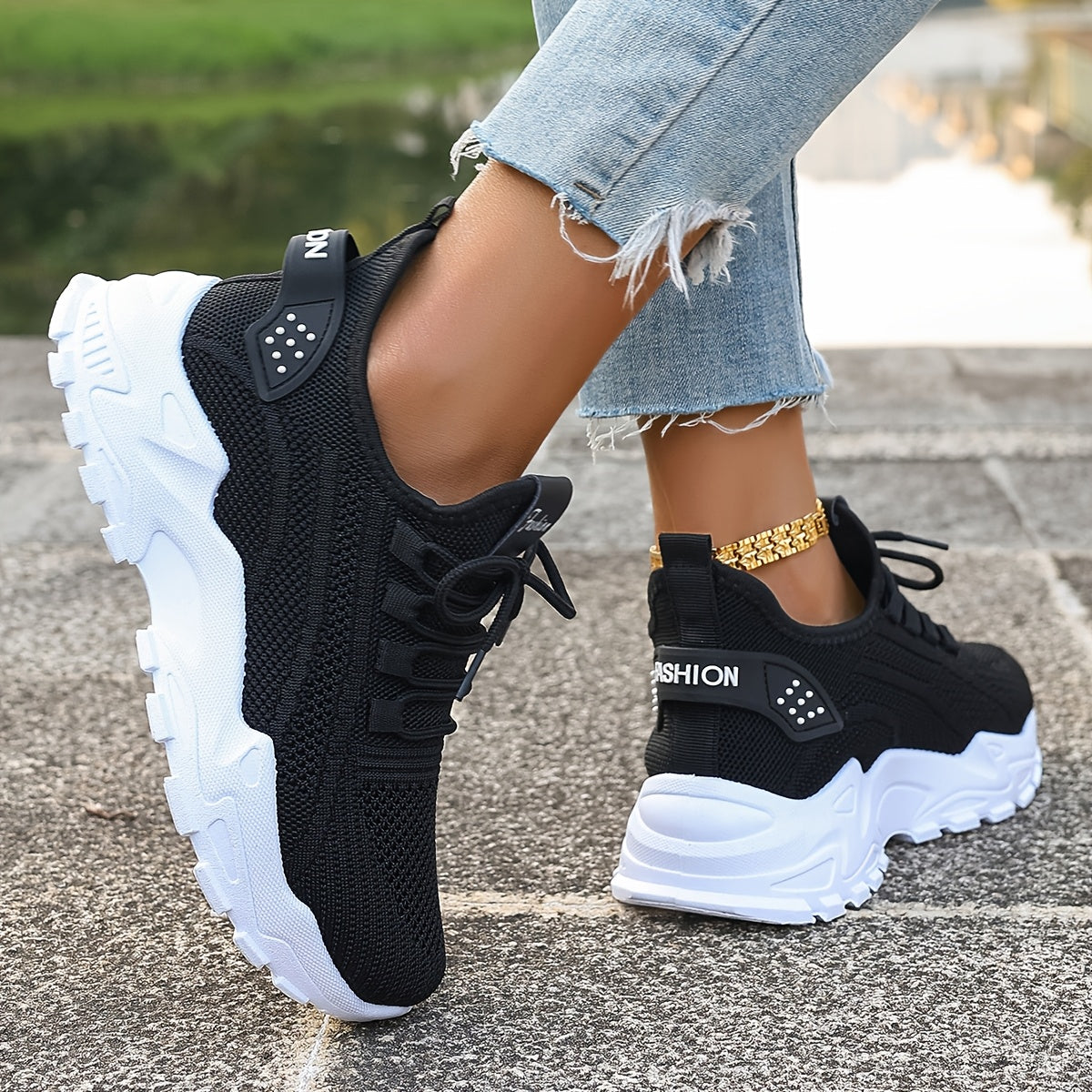 Women'S Breathable Knit Mesh Sneakers - Lightweight Running Shoes with Non-Slip EVA Sole - Comfortable All-Season Casual Walking Footwear, Black & White Options, Low-Top Lace-Up Design, Walking Shoes