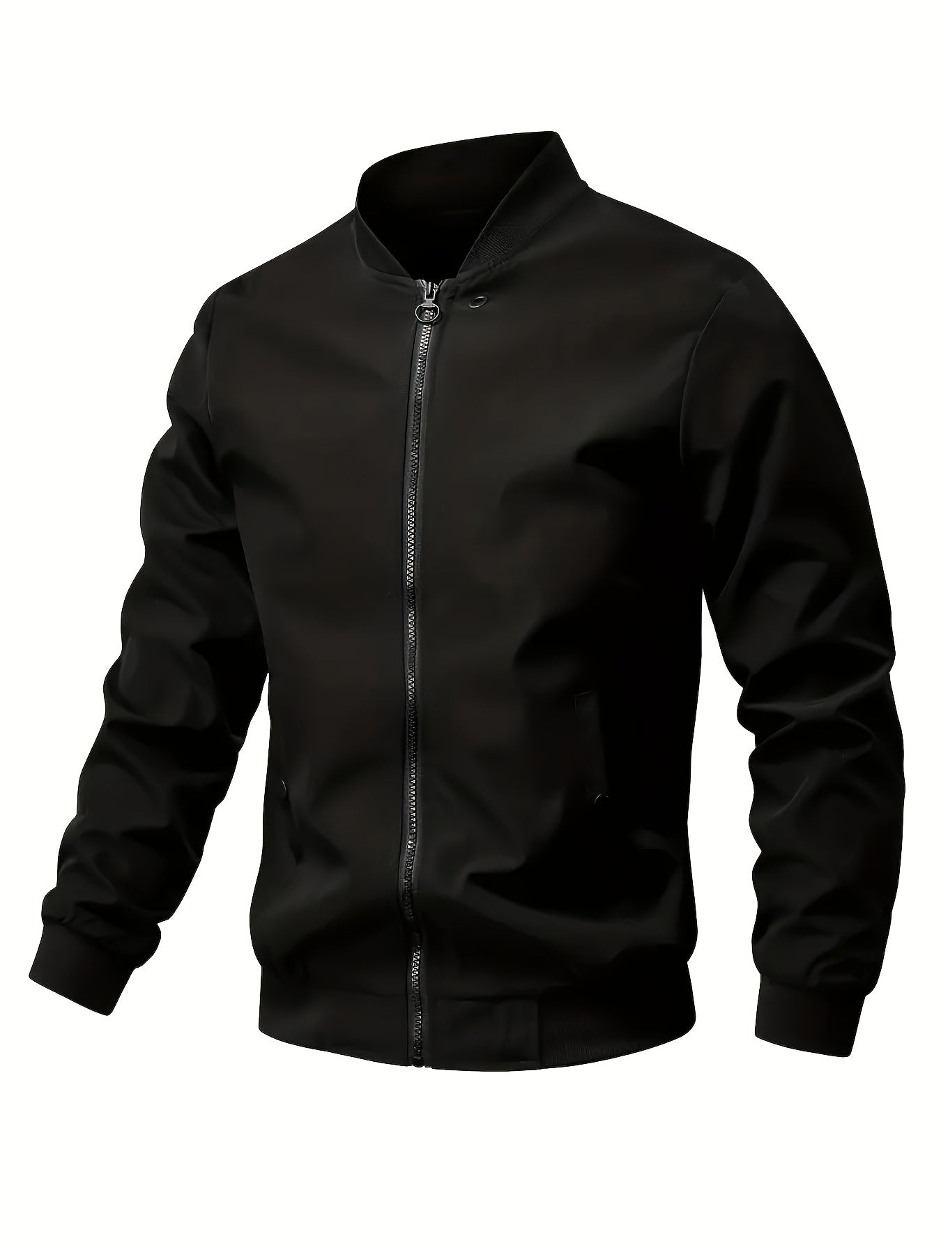 1pc Men'S Casual Stand Collar Bomber Jacket, Solid Color Long Sleeve Non-Stretch Woven Acetate with Pockets, Polyester Lined Zip-Up Lightweight Outerwear for Spring/Fall