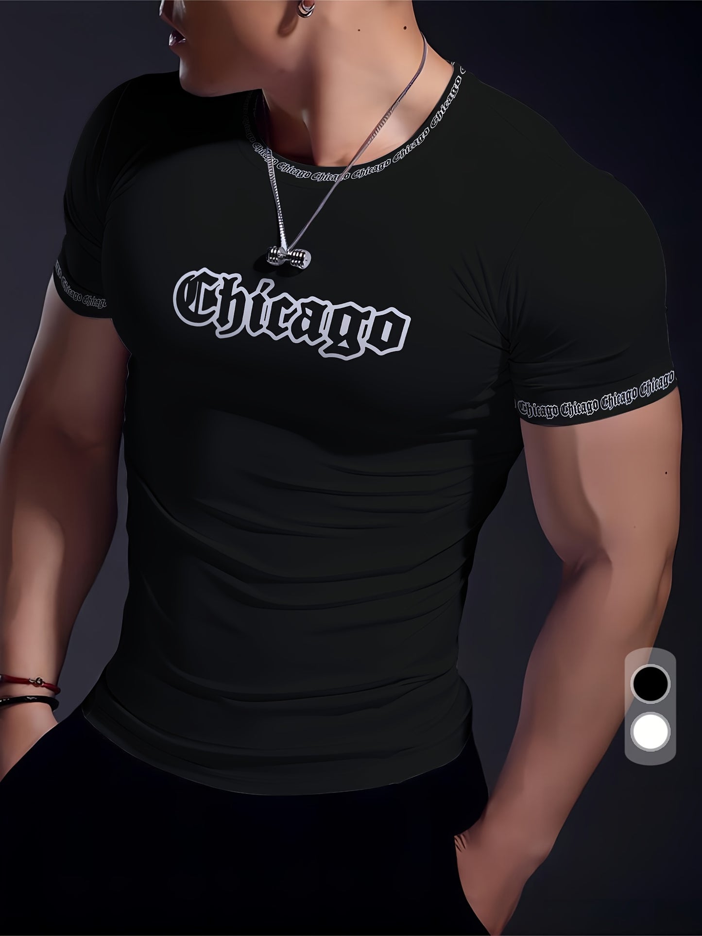 Men'S Chicago Print T-Shirt, Polyester-Spandex Blend, Crew Neck, Short Sleeve, Geometric Pattern, High Stretch, Tear Resistant, Sports Casual Style, Summer Fit Top for Training, Yoga, Hiking Festive Occasions