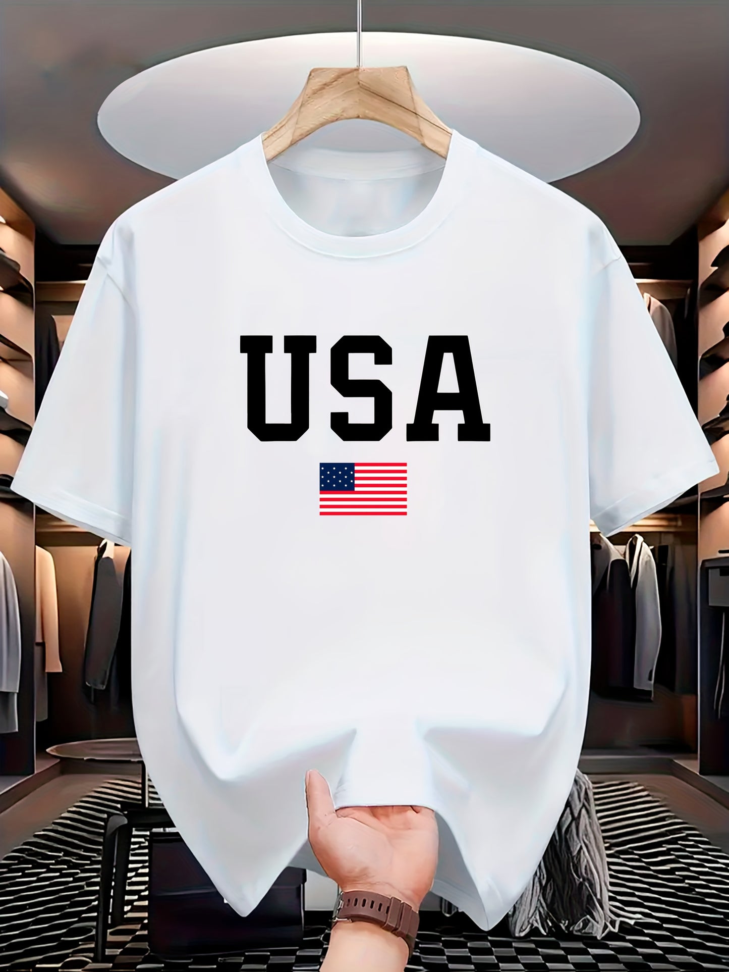 USA Flag Print Crew պարանոցի վերնաշապիկ, սովորական պոլիեսթեր տրիկոտաժե թիկնոց, թեթև ձգվող, այբուբենի ձևանմուշ, տրիկոտաժե դետալ, տղամարդկանց համար, ամառային կարճաթև շապիկ