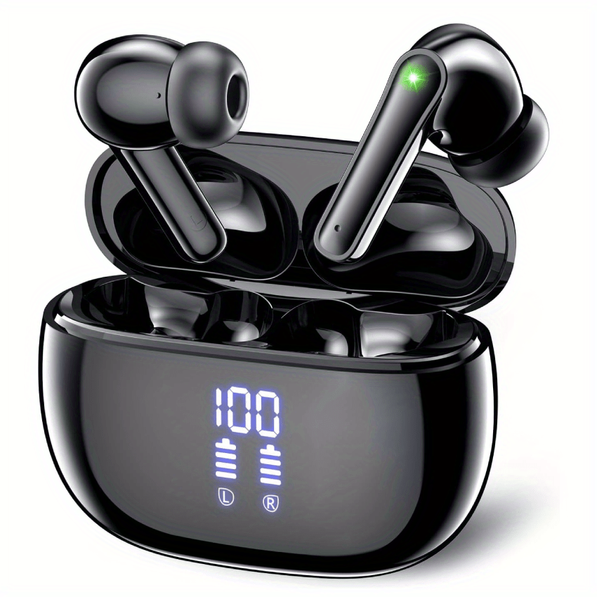 Wireless Earbuds with Touch Control, Built-in Noise Reduction Mic, Type-C Charging Case, 15Hr Playtime, 2Hr Quick Charge, USB Charging, 380mAh Battery, with LED Power Display, for Sports, Adult, Compatible with Cellphones