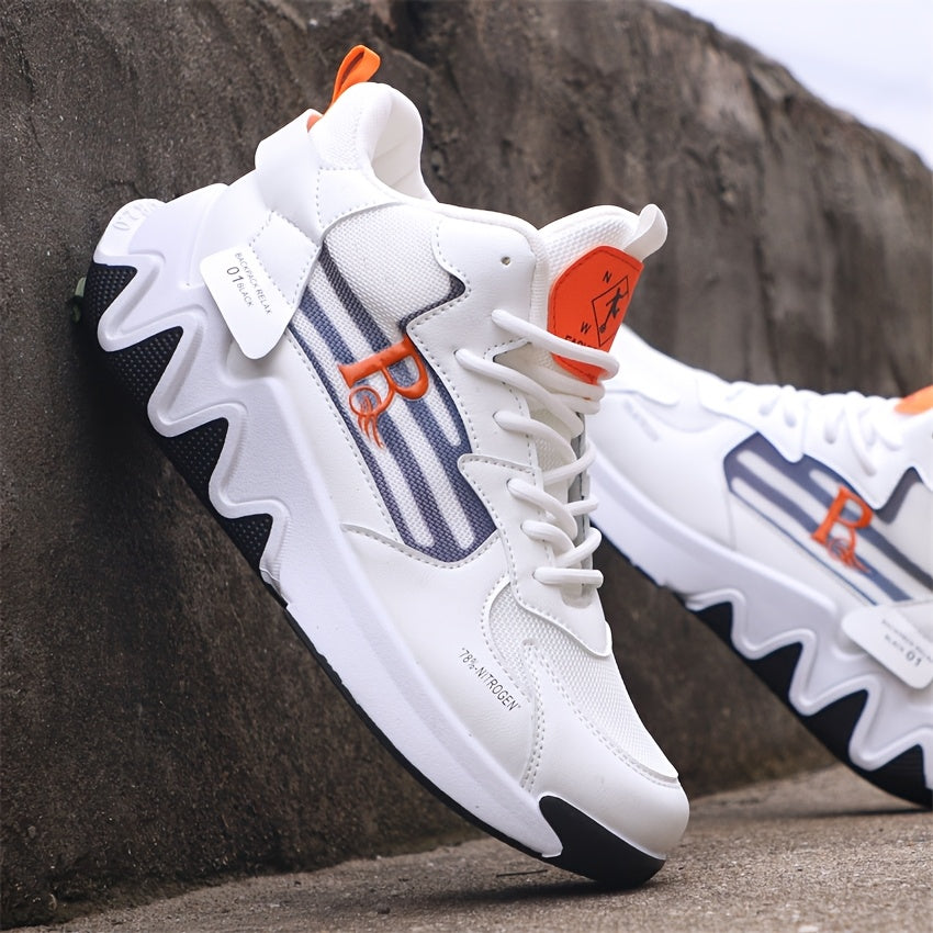 Breathable Men's Running Shoes with Anti-Slip EVA Sole, Lightweight Low-Top Sneakers for Casual Wear and Light Exercise, White with Orange Accents, Comfortable Fabric Upper and Durable PVC Insole, Versatile Sneakers Stylish